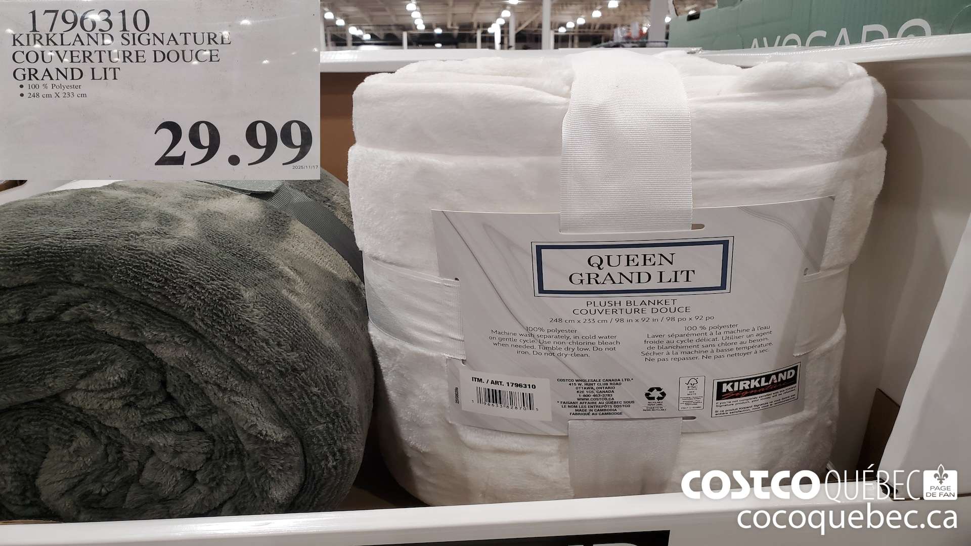 1796310 KIRKLAND SIGNATURE COUVERTURE DOUCE GRAND LIT $29.99