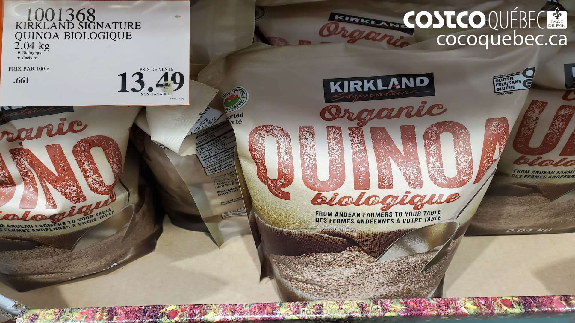 1001368 KIRKLAND SIGNATURE QUINOA BIOLOGIQUE 2.04 KG $13.49