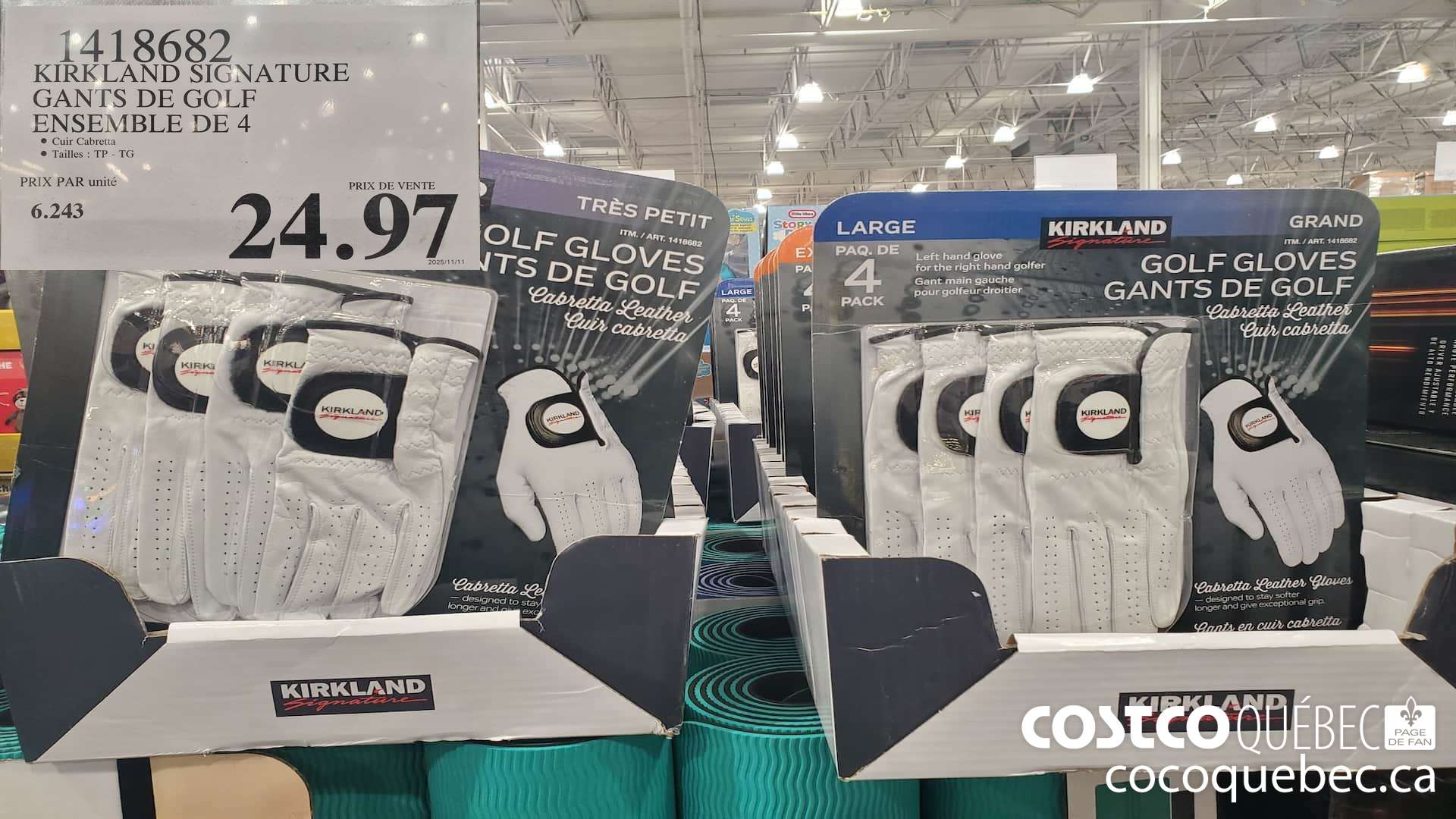 1418682 KIRKLAND STGNATURE ENS. 4 GANTS DE GOLF TAILLES TP-TG $24.97