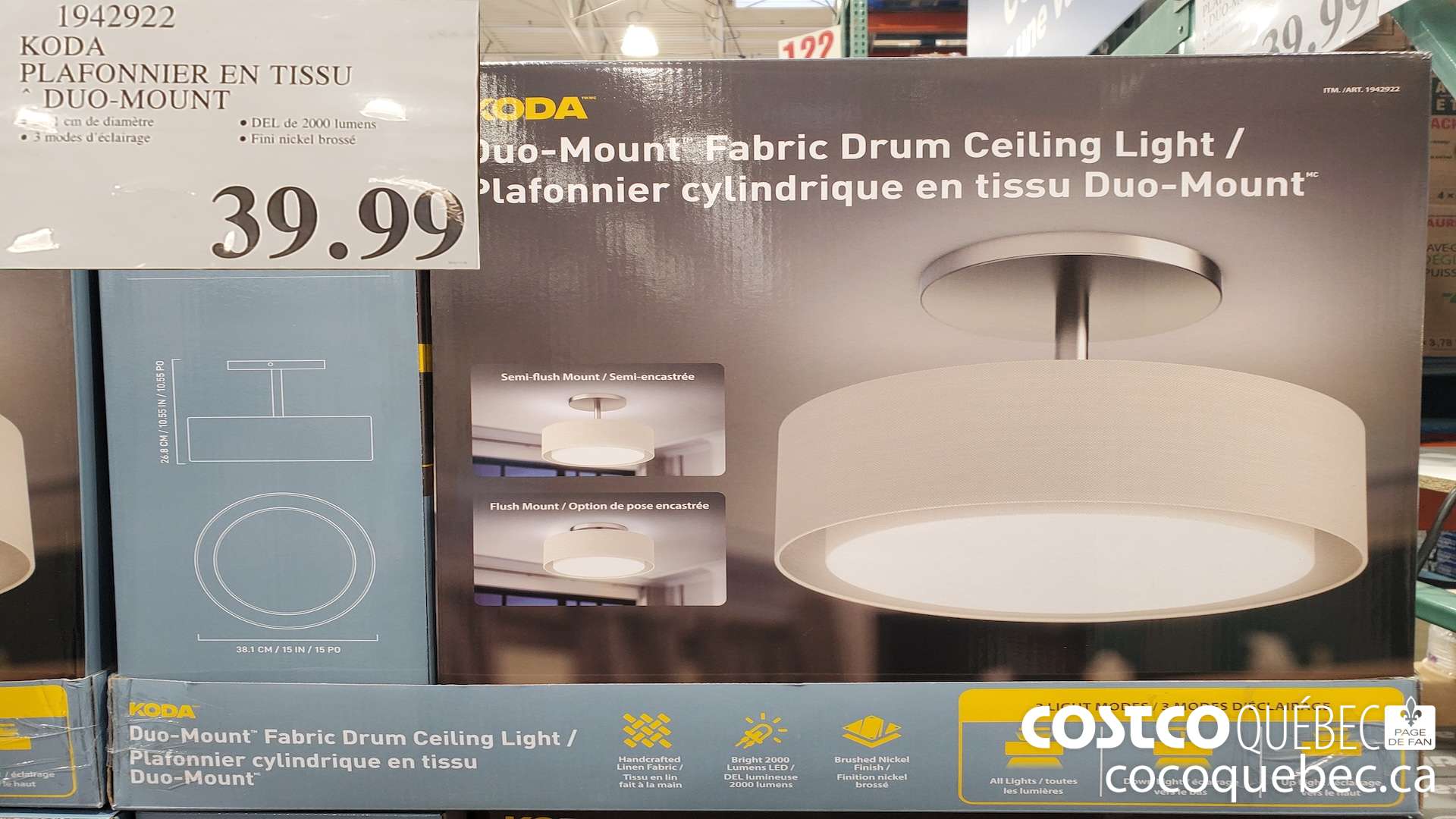 1942922 KODA PLAFONNIER EN TISSU DUO-MOUNT $39.99