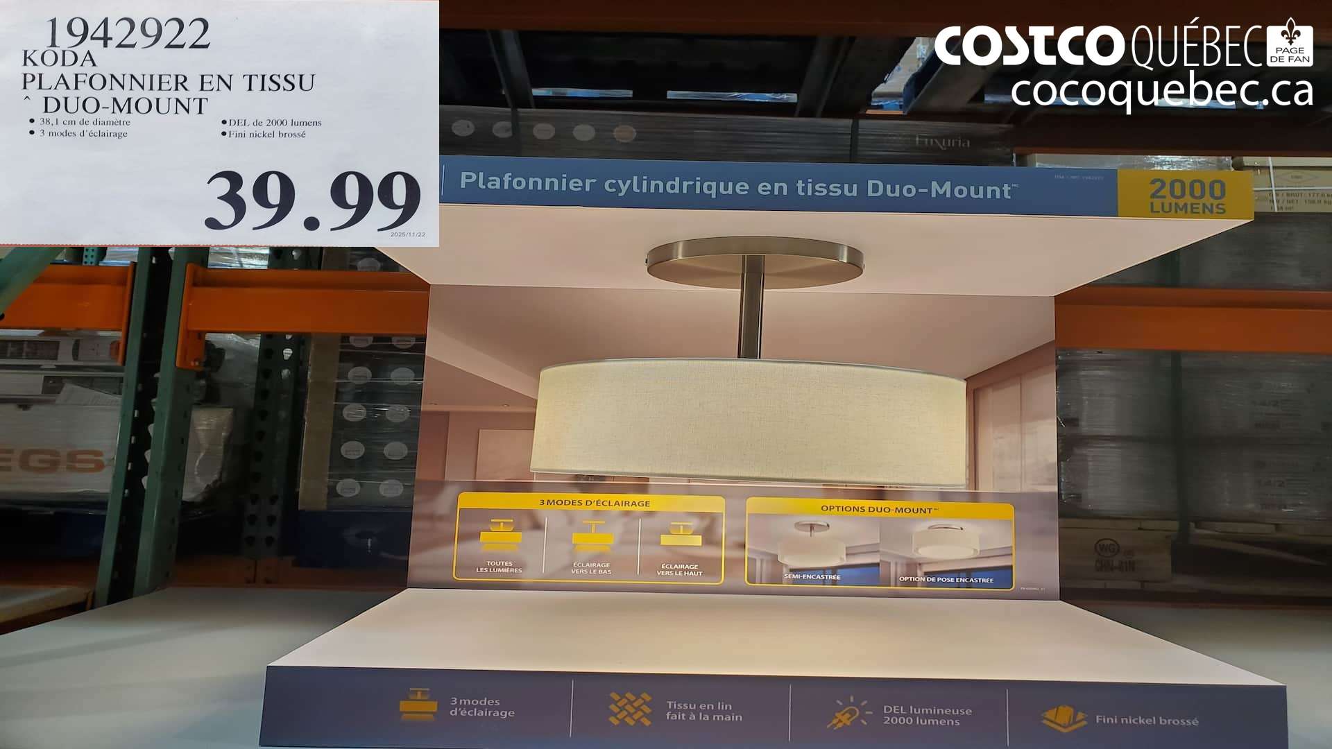 1942922 KODA PLAFONNIER EN TISSU DUO-MOUNT $39.99