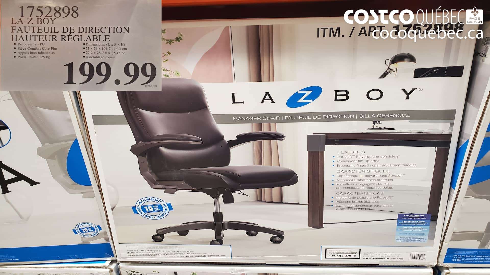 1752898 LA-Z-BOY FAUTEUIL DE DIRECTION HAUTEUR REGLABLE  $199.99