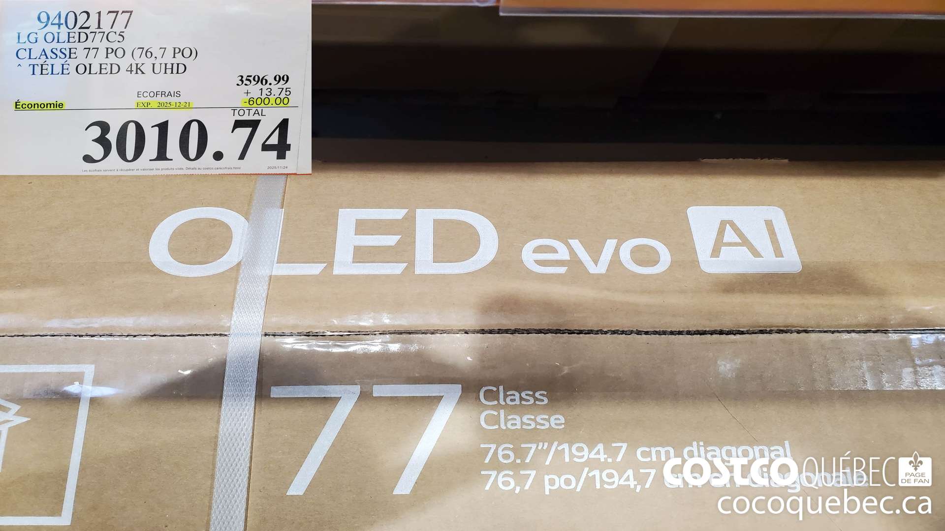 9402177 LG OLED77C5 CLASSE 77 PO (76,7 PO) TELE OLED 4K UHD ($600.00 INSTANT SAVINGS EXPIRES ON 2025-12-21) $3010.74