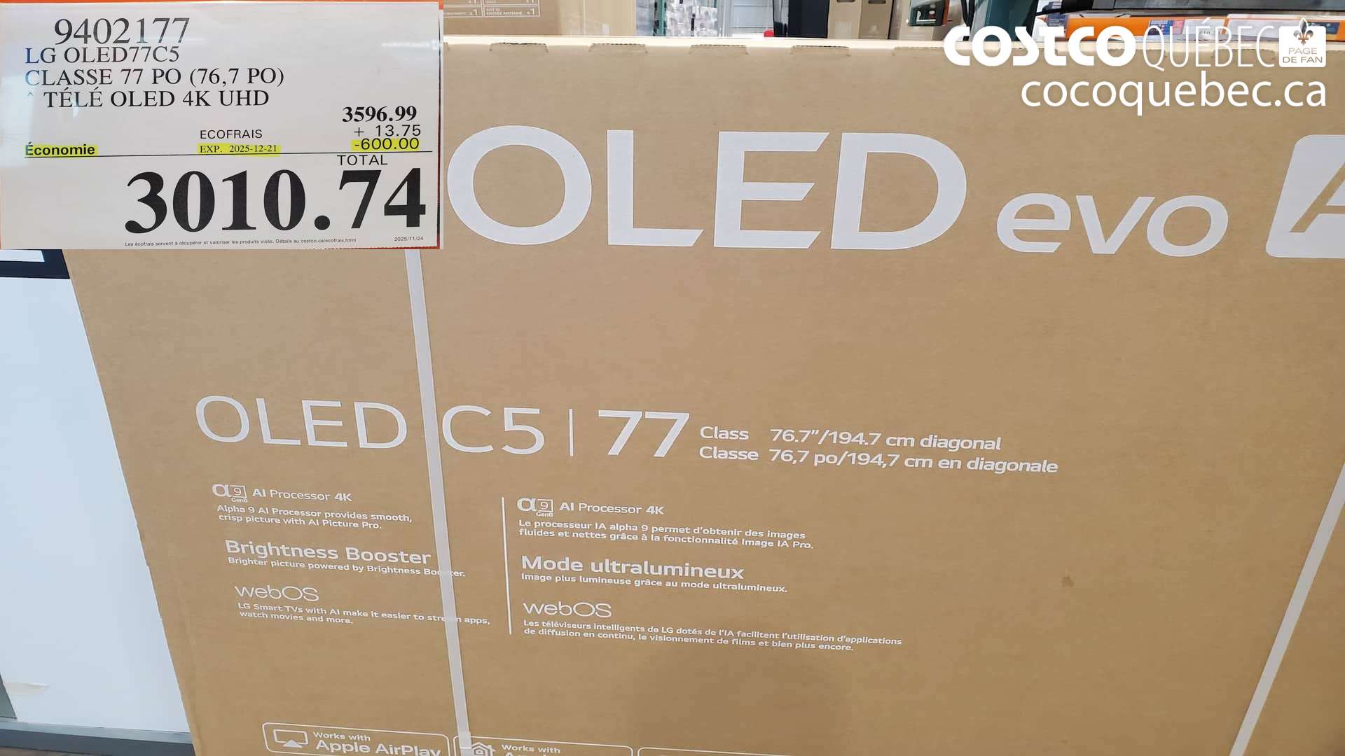 9402177 LG OLED77C5 CLASSE 77 PO (76,7 PO) TELE OLED 4K UHD ($600.00 INSTANT SAVINGS EXPIRES ON 2025-12-21) $3010.74