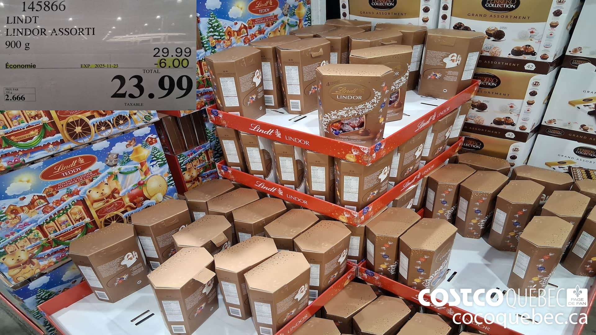 145866 LINDT LINDOR ASSORTI 900G ($6.00 INSTANT SAVINGS EXPIRES ON 2025-11-23) $23.99