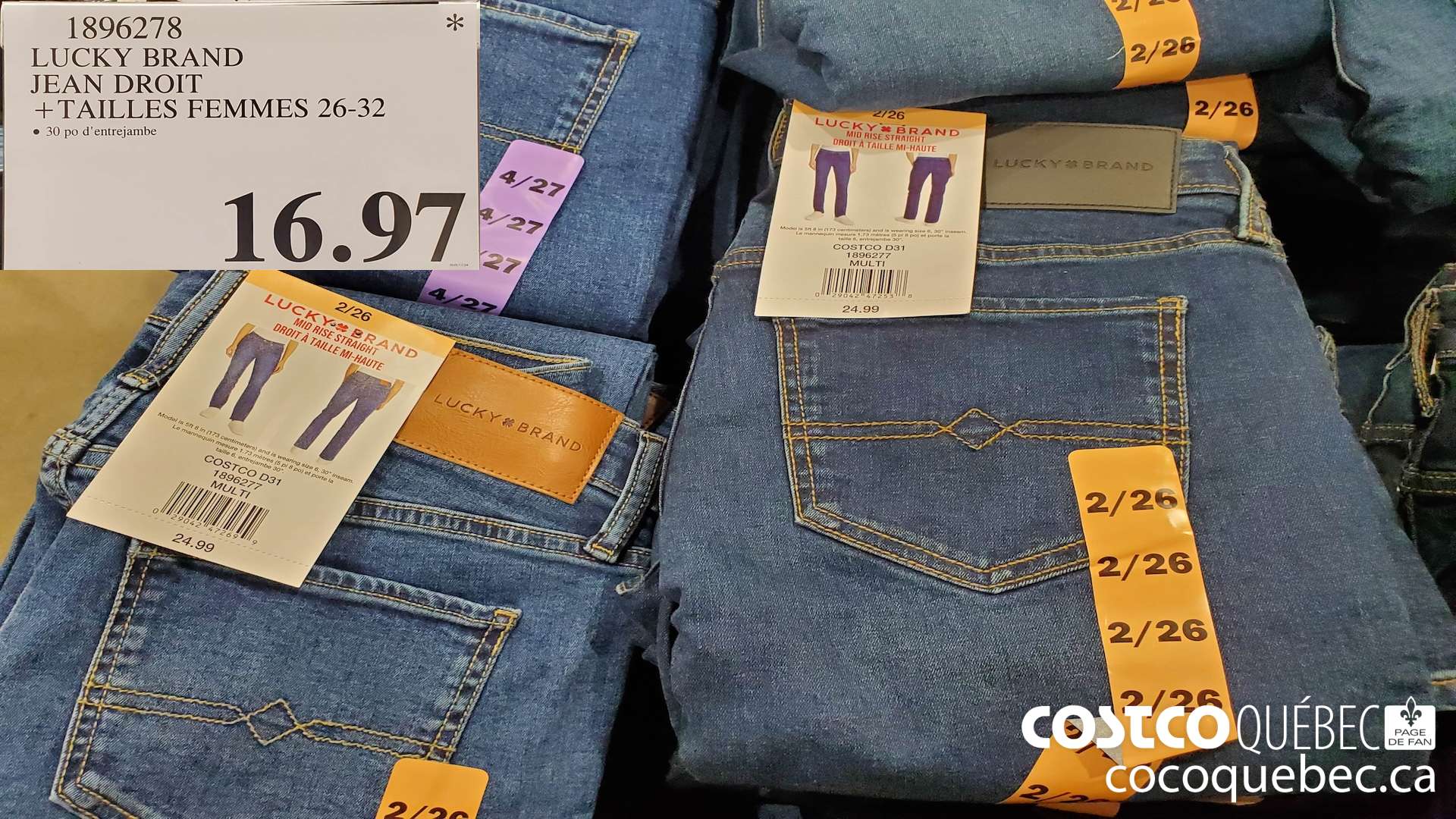 1896278 LUCKY BRAND JEAN DROIT TAILLES FEMMES 26-32 $16.97