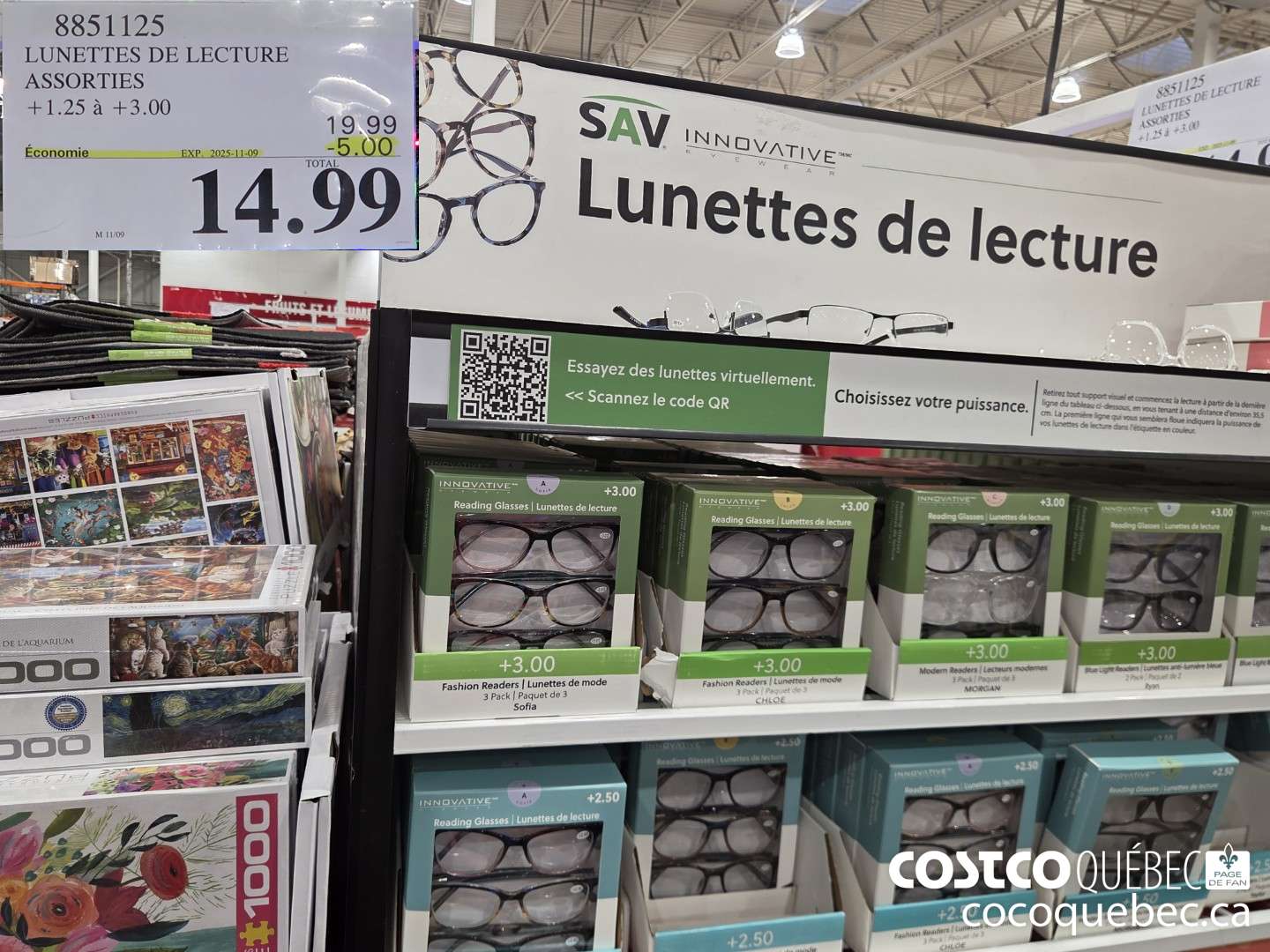 8851125 LUNETTES DE LECTURE ASSORTIS +1.25 A +3.00 ($5.00 INSTANT SAVINGS EXPIRES ON 2025-11-09) $14.99