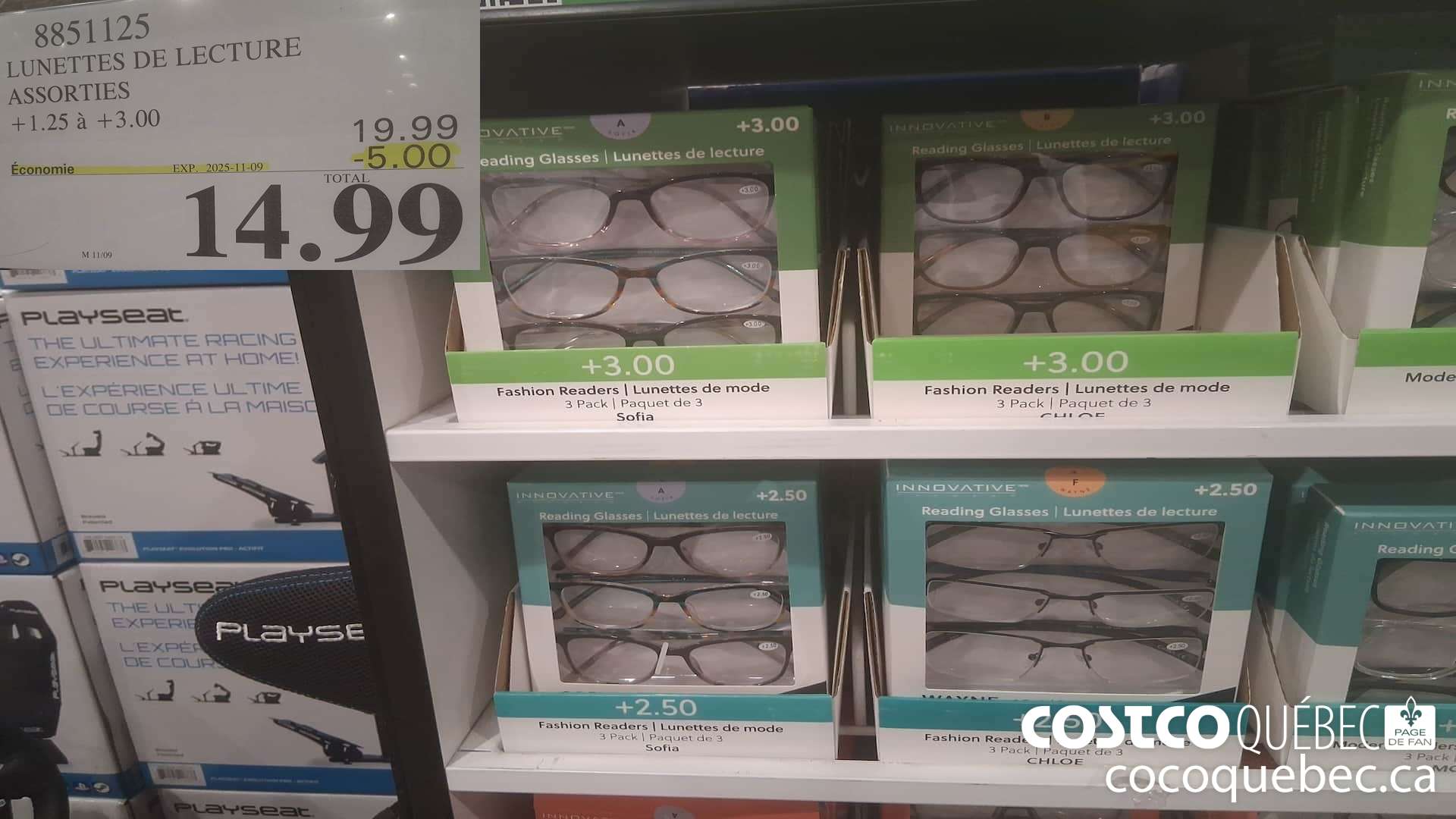 8851125 LUNETTES DE LECTURE ASSORTIS +1.25 A +3.00 ($5.00 INSTANT SAVINGS EXPIRES ON 2025-11-09) $14.99