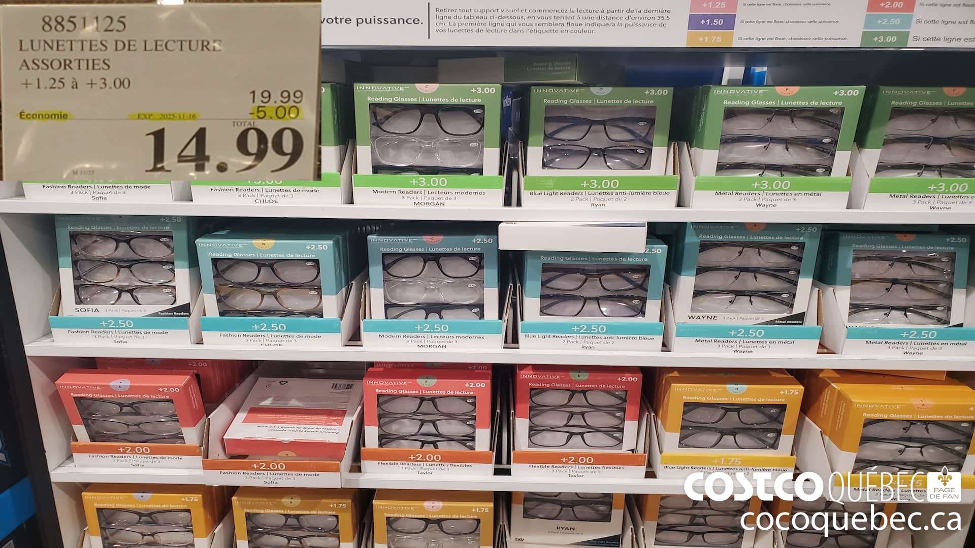 8851125 LUNETTES DE LECTURE ASSORTIS +1.25 A +3.00 ($5.00 INSTANT SAVINGS EXPIRES ON 2025-11-16) $14.99