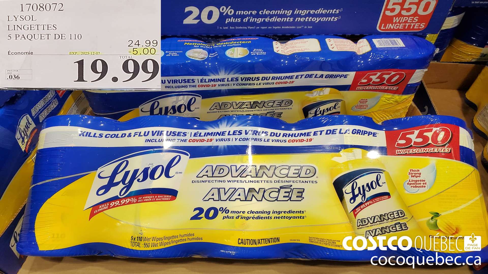 1708072 LYSOL LINGETTES 5 PAQUET DE 110  ($5.00 INSTANT SAVINGS EXPIRES ON 2025-12-07) $19.99