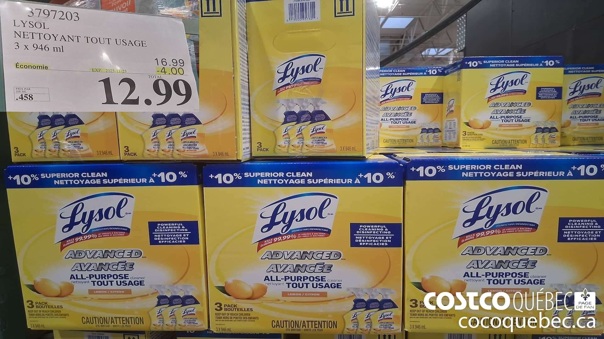 3797203 LYSOL NETTOYANT TOUT USAGE 3 X 946 ml  ($4.00 INSTANT SAVINGS EXPIRES ON 2025-11-23) $12.99