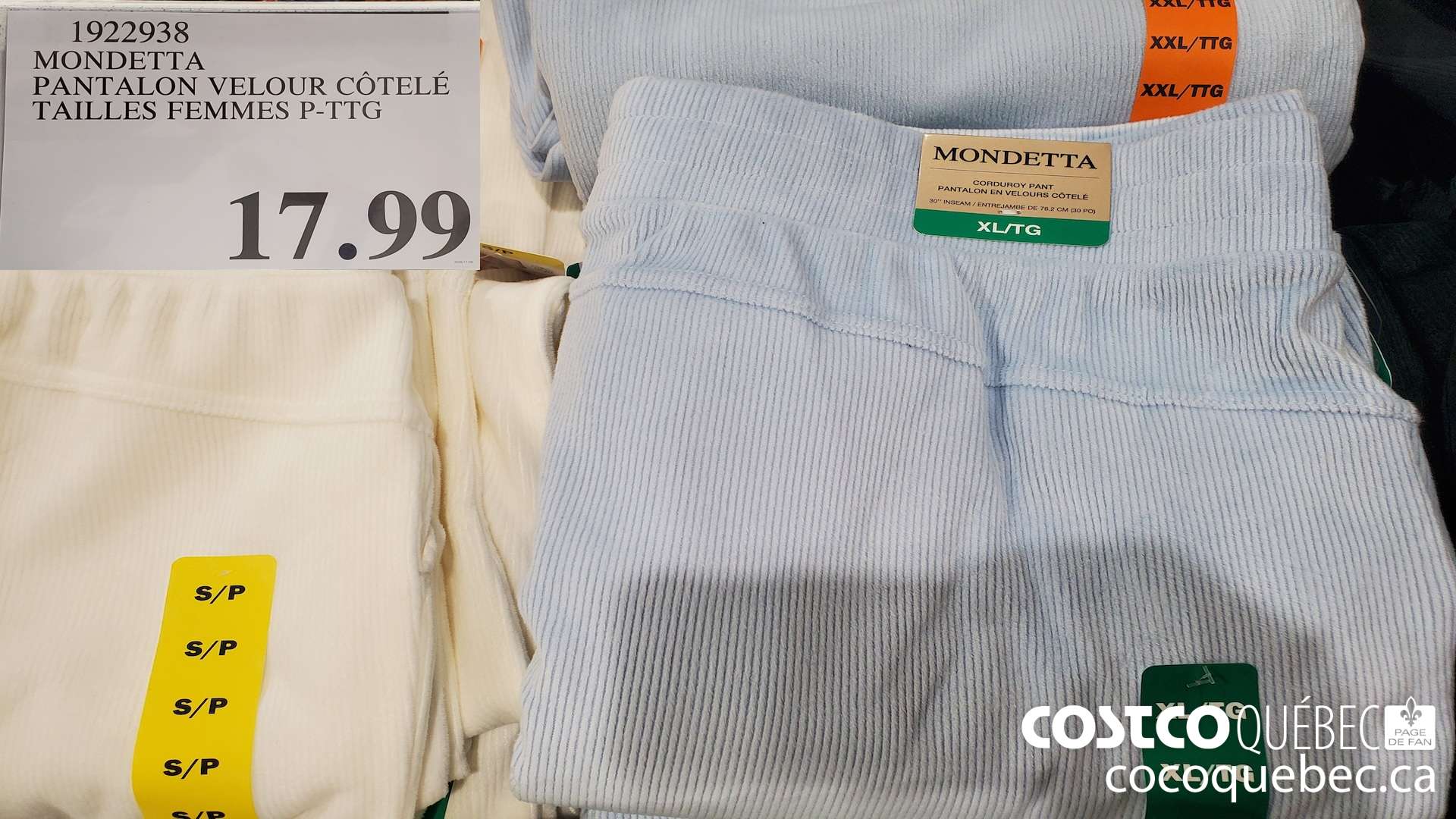 1922938 MONDETTA . PANTALON VELOUR COTELE TAILLES FEMMES P-TTG  $17.99