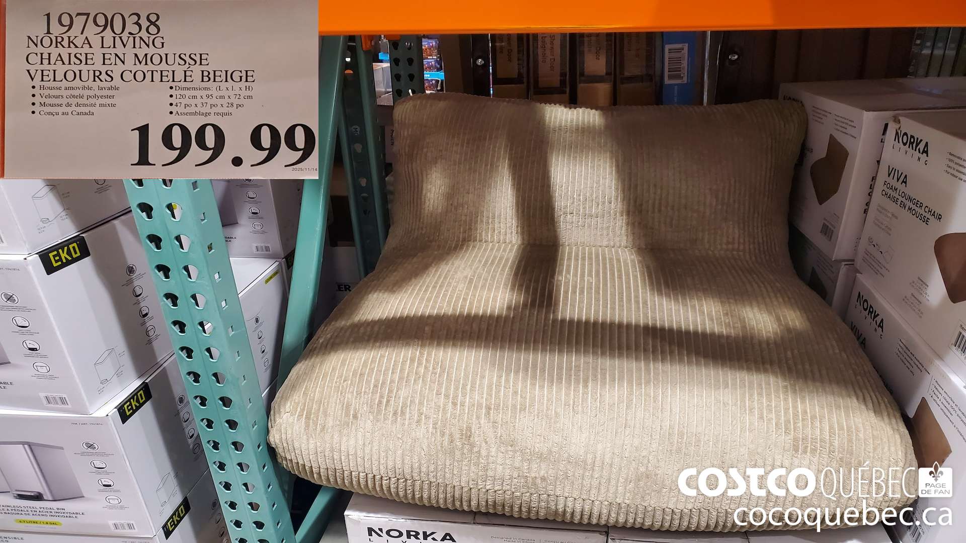 1979038 NORKA LIVING CHAISE EN MOUSSE VELOURS COTELE BEIGE $199.99