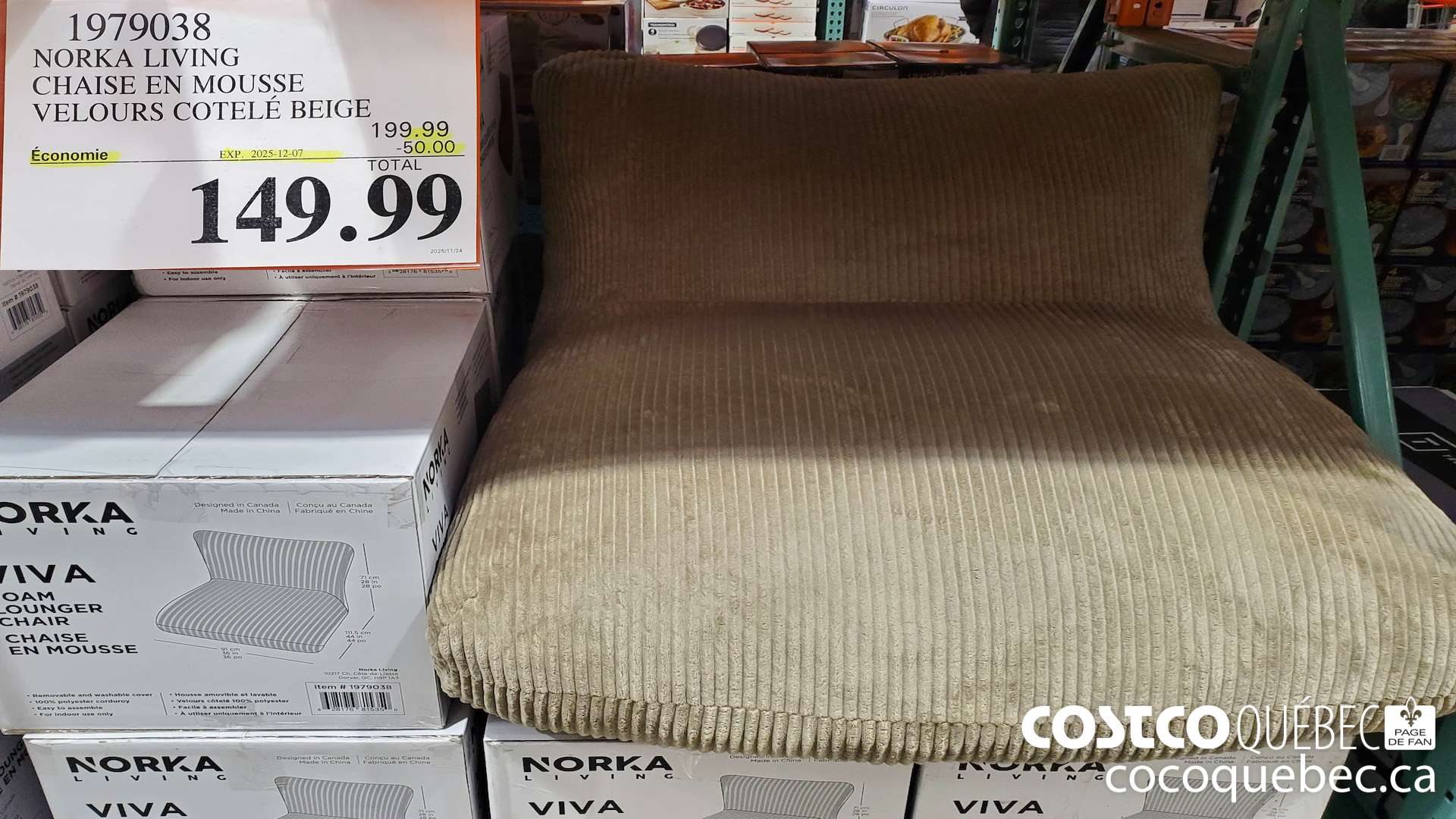 1979038 NORKA LIVING CHAISE EN MOUSSE VELOURS COTELE BEIGE ($50.00 INSTANT SAVINGS EXPIRES ON 2025-12-07) $149.99