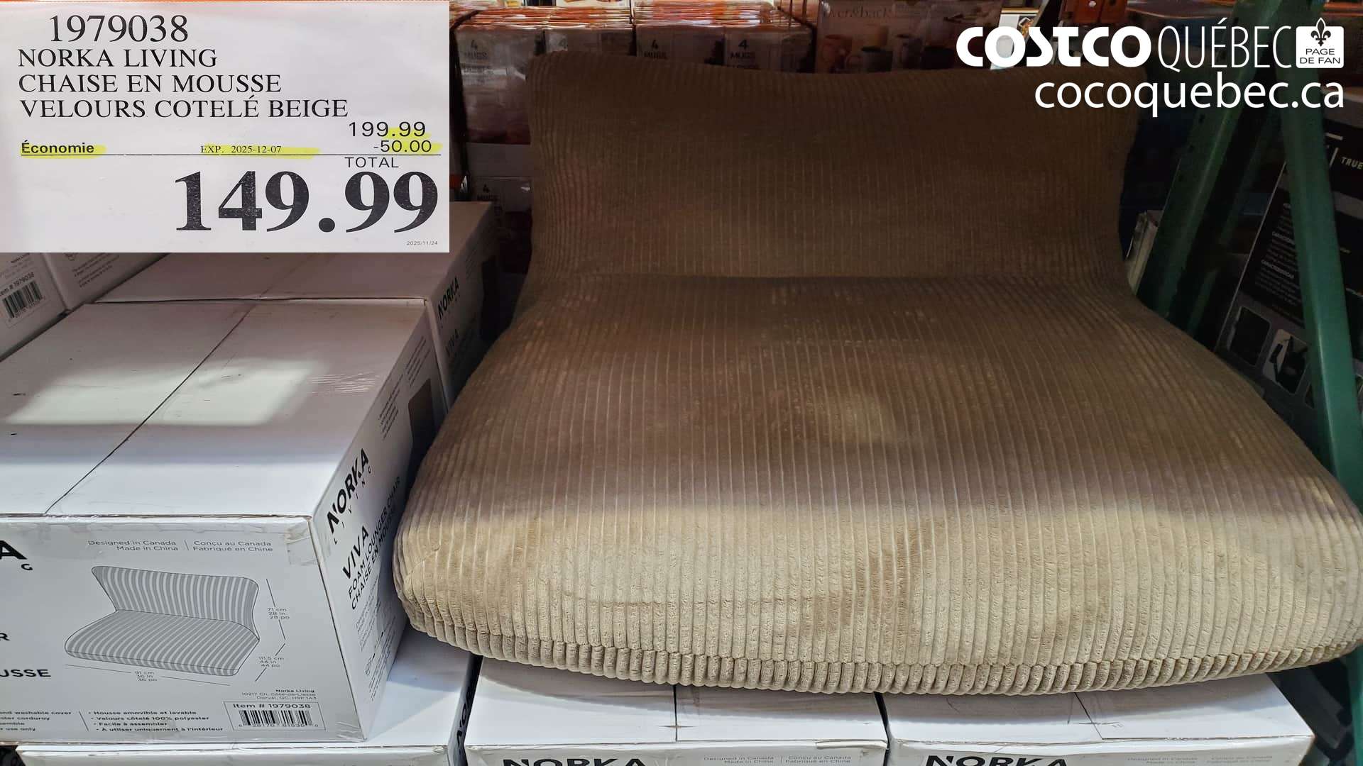 1979038 NORKA LIVING CHAISE EN MOUSSE VELOURS COTELE BEIGE ($50.00 INSTANT SAVINGS EXPIRES ON 2025-12-07) $149.99