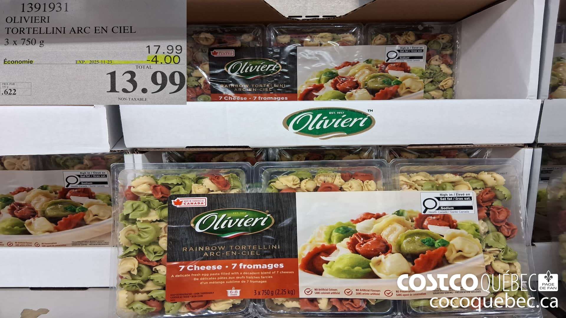 1391931 OLIVIERI TORTELLINI ARC EN CIEL 3 x 750g  ($4.00 INSTANT SAVINGS EXPIRES ON 2025-11-23) $13.99