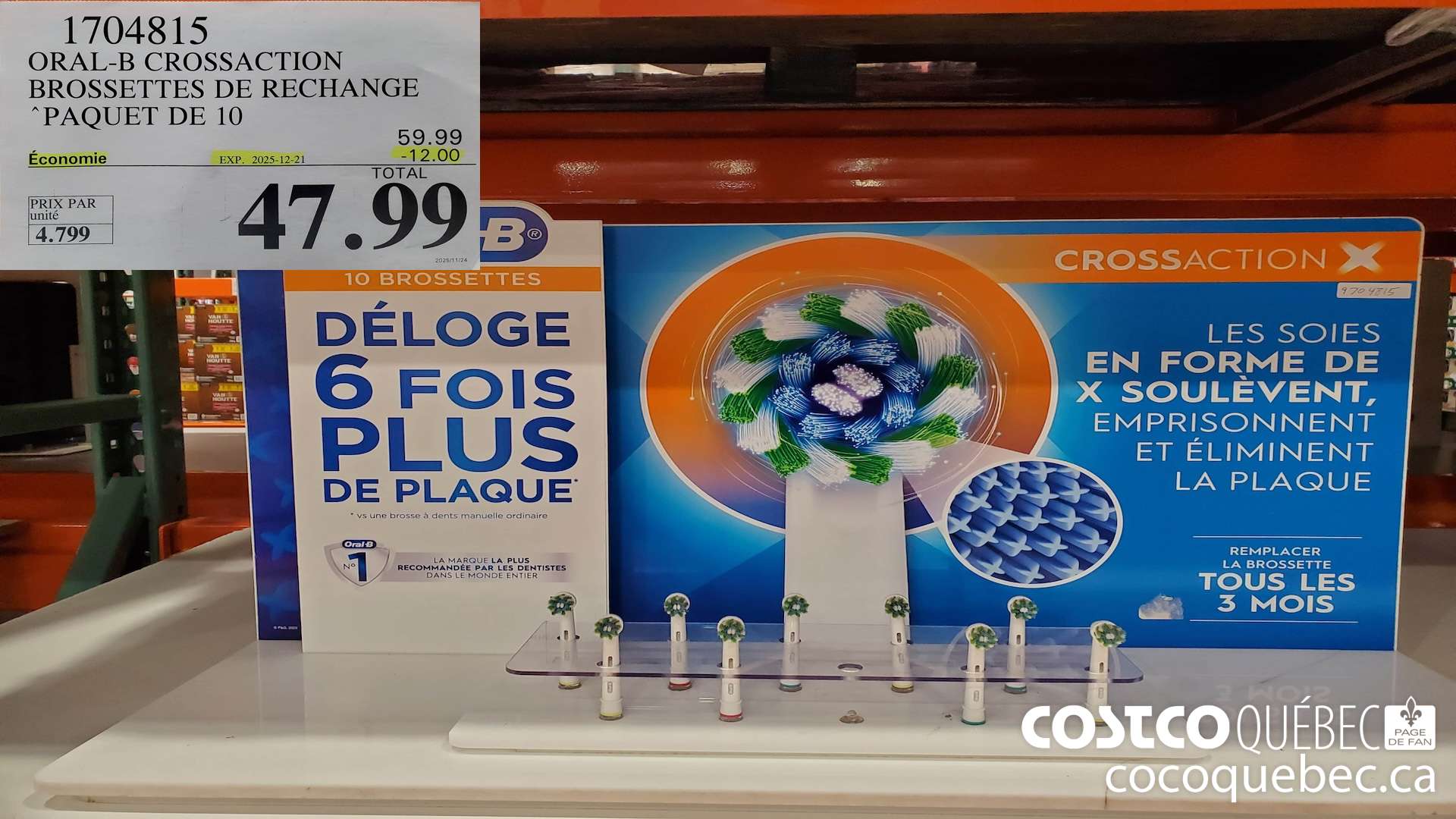 1704815 ORAL-B CROSSACTION TETES DE RECHANGE ($12.00 INSTANT SAVINGS EXPIRES ON 2025-12-21) $47.99