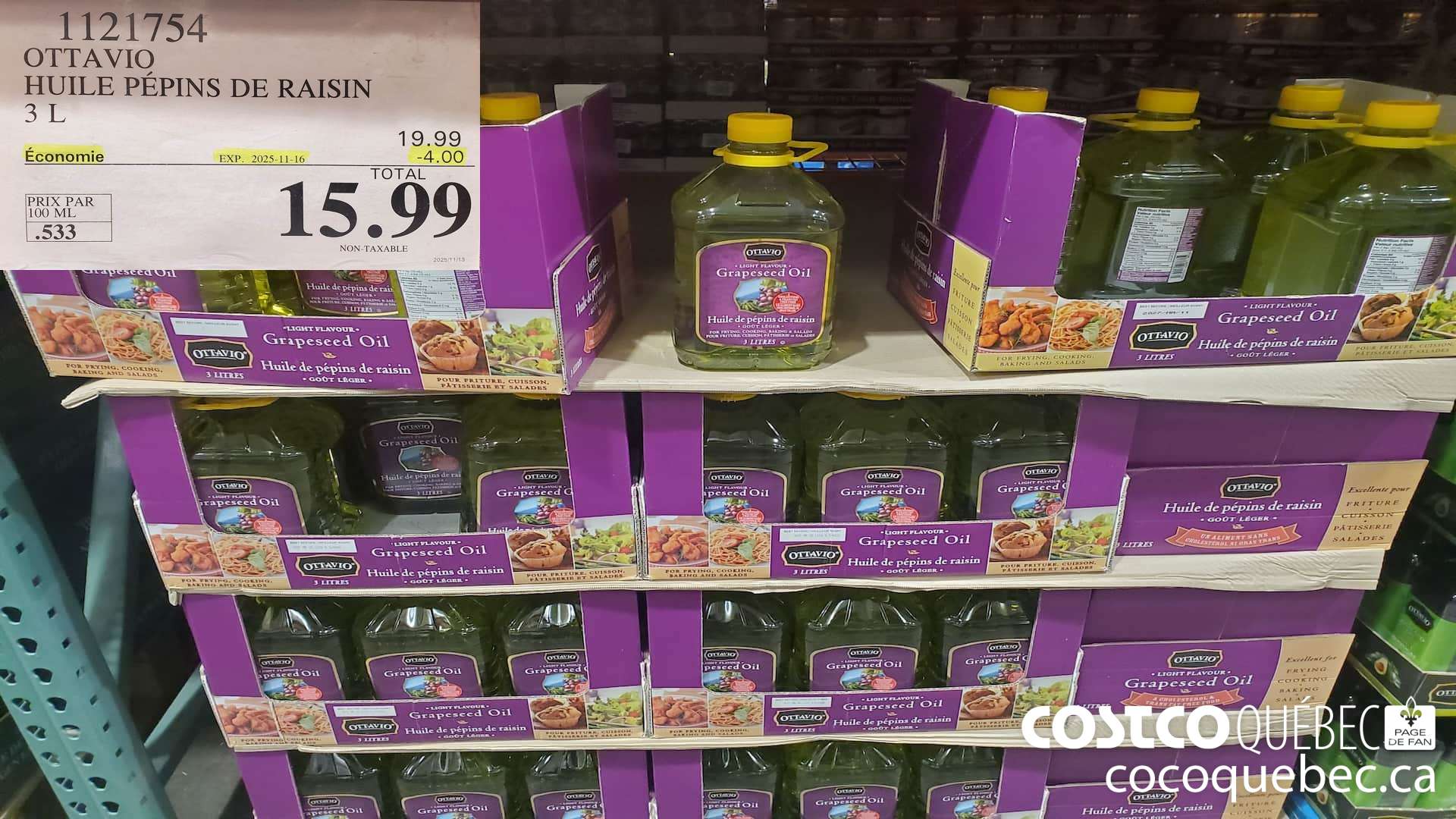 1121754 OTTAVIO HUILE PEPINS DE RAISIN 3L ($4.00 INSTANT SAVINGS EXPIRES ON 2025-11-16) $15.99