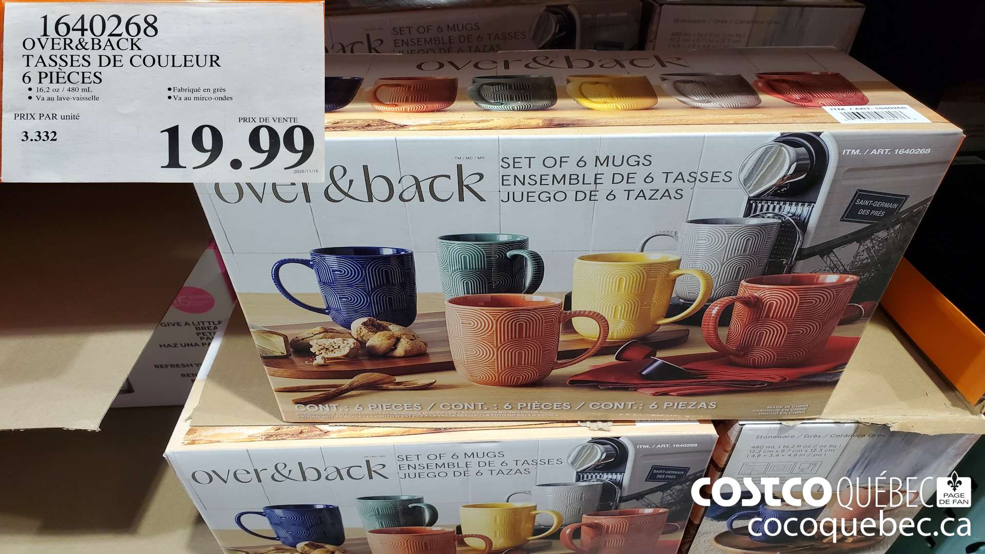 1640268 OVER&BACK TASSES DE COULEUR 6 PIECES  $19.99