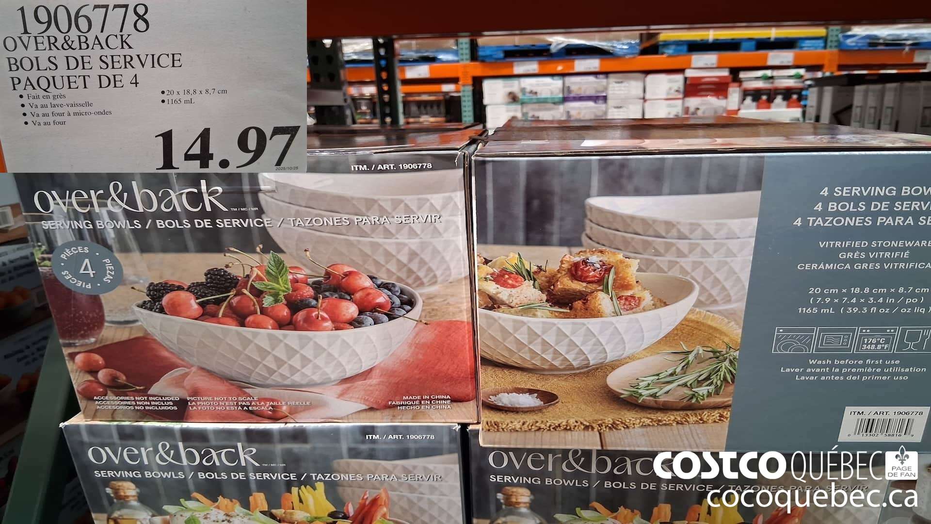 1906778 OVER & BACK BOLS DE SERVICE PAQUET DE 4  $14.97