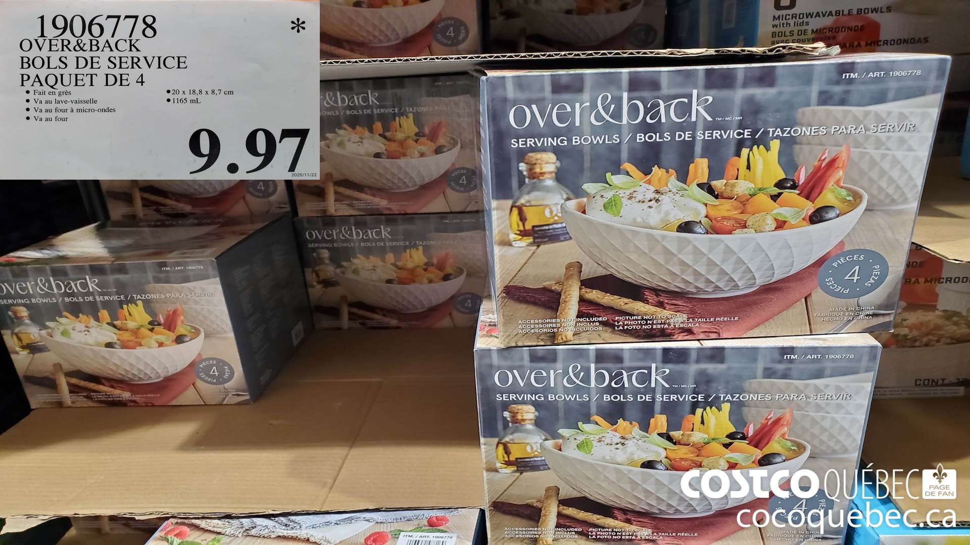 1906778 OVER & BACK BOLS DE SERVICE PAQUET DE 4  $9.97