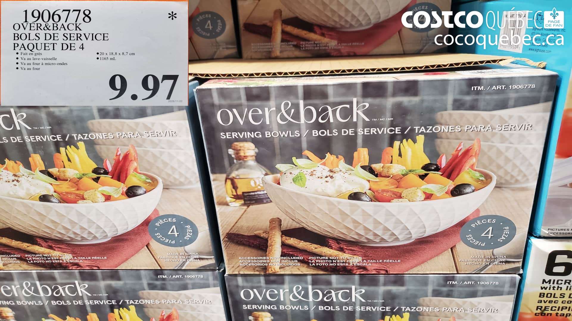 1906778 OVER & BACK BOLS DE SERVICE PAQUET DE 4  $9.97