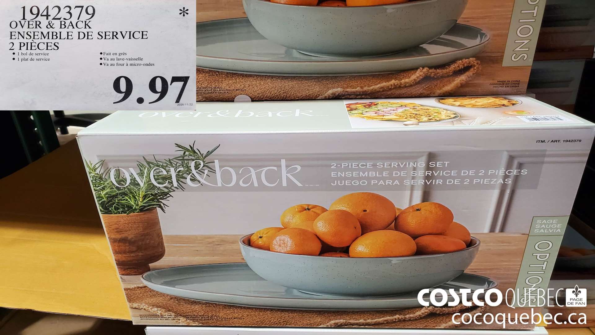 1942379 OVER & BACK ENSEMBLE DE SERVICE 2 PIECES  $9.97