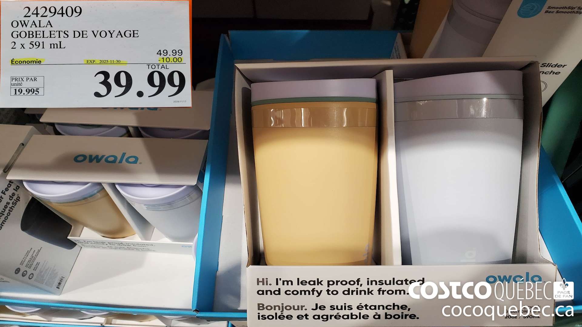 2429409 OWALA GOBELETS DE VOYAGE @ 20 oz / 591 mL  ($10.00 INSTANT SAVINGS EXPIRES ON 2025-11-30) $39.99