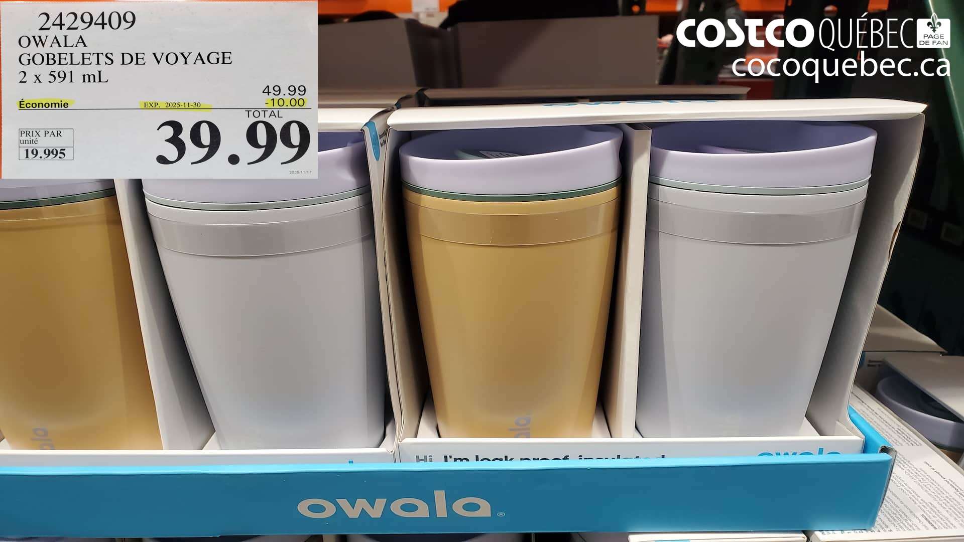 2429409 OWALA GOBELETS DE VOYAGE @ 20 oz / 591 mL  ($10.00 INSTANT SAVINGS EXPIRES ON 2025-11-30) $39.99