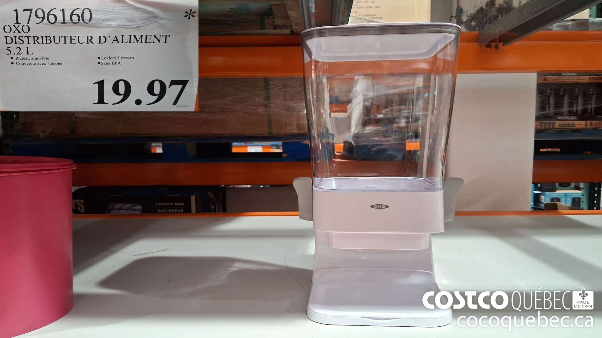 1796160 OXO DISTRIBUTEUR D'ALIMENT 5.2L $19.97