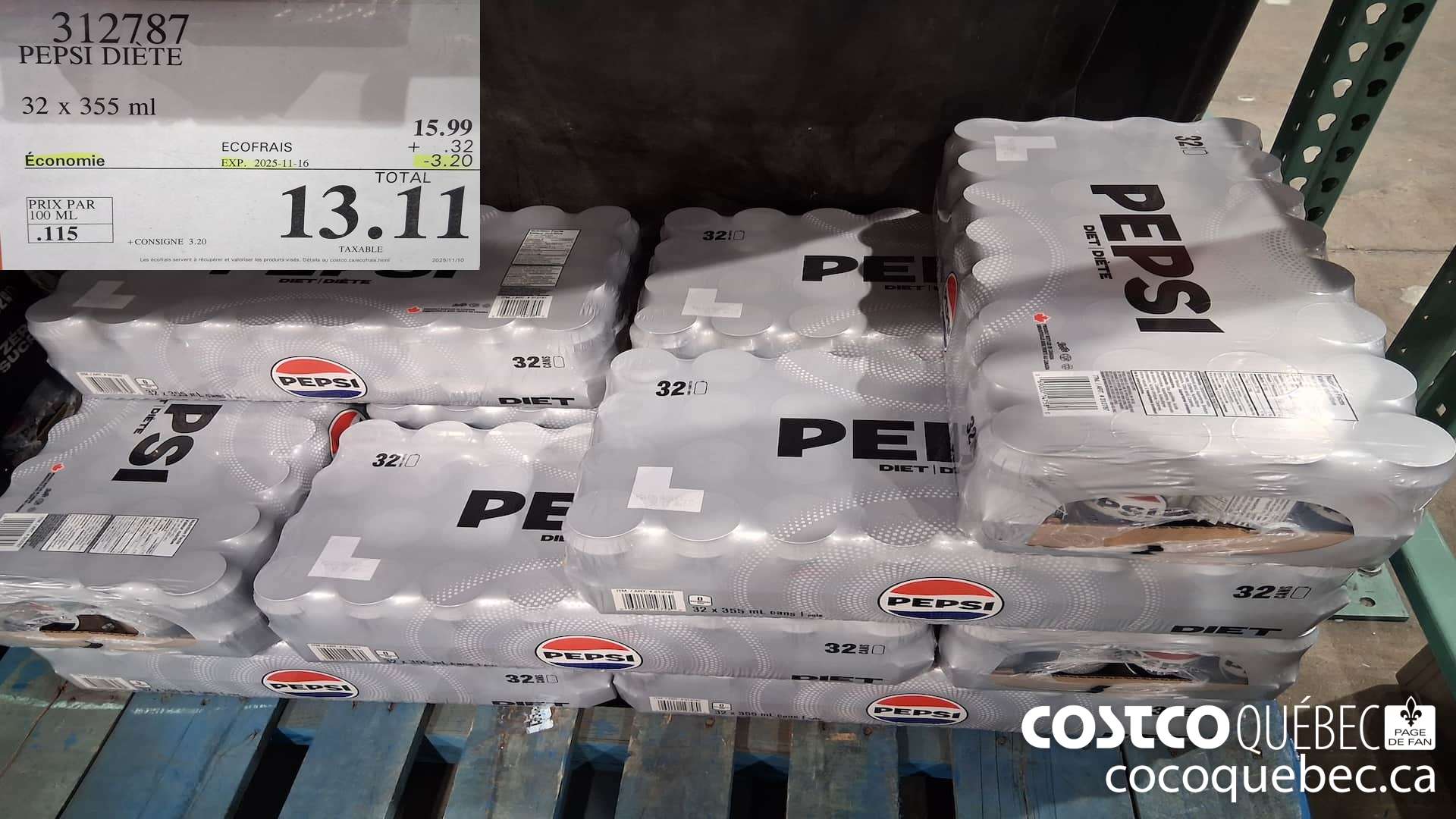 312787 PEPSI DIETE 32 x 355 ml  ($3.20 INSTANT SAVINGS EXPIRES ON 2025-11-16) $13.11