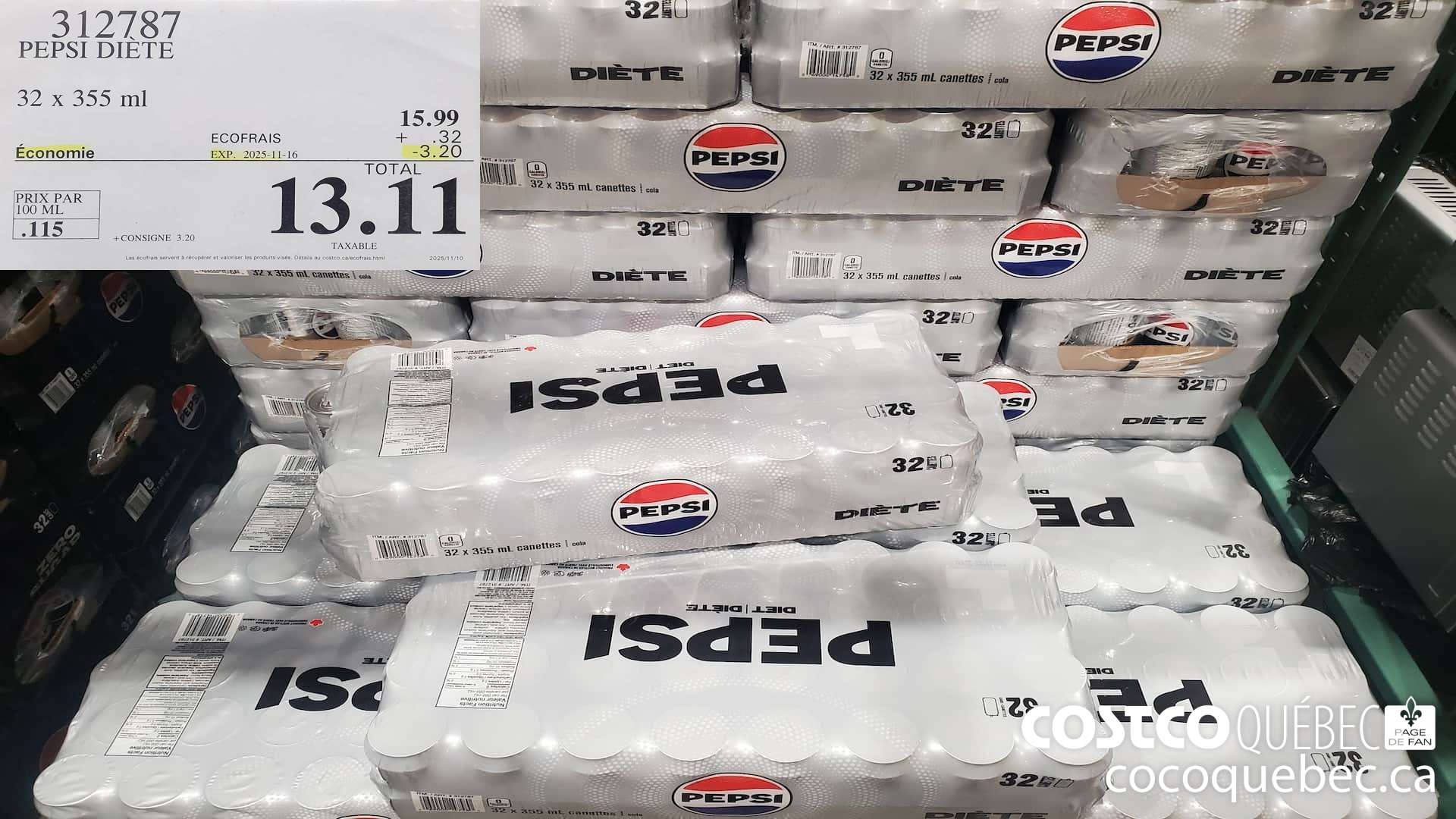 312787 PEPSI DIETE 32 x 355 ml  ($3.20 INSTANT SAVINGS EXPIRES ON 2025-11-16) $13.11