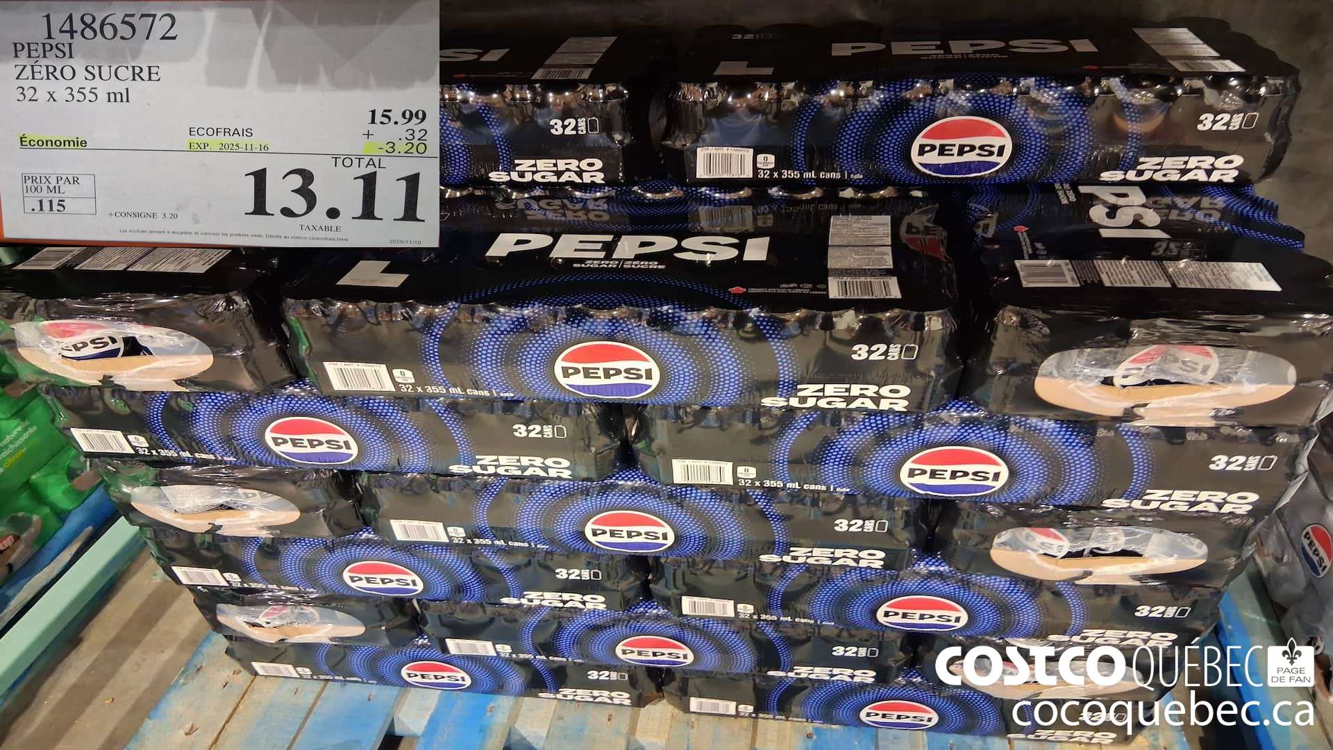 1486572 PEPSI ZERO SUCRE 32 X 355ML ($3.20 INSTANT SAVINGS EXPIRES ON 2025-11-16) $13.11