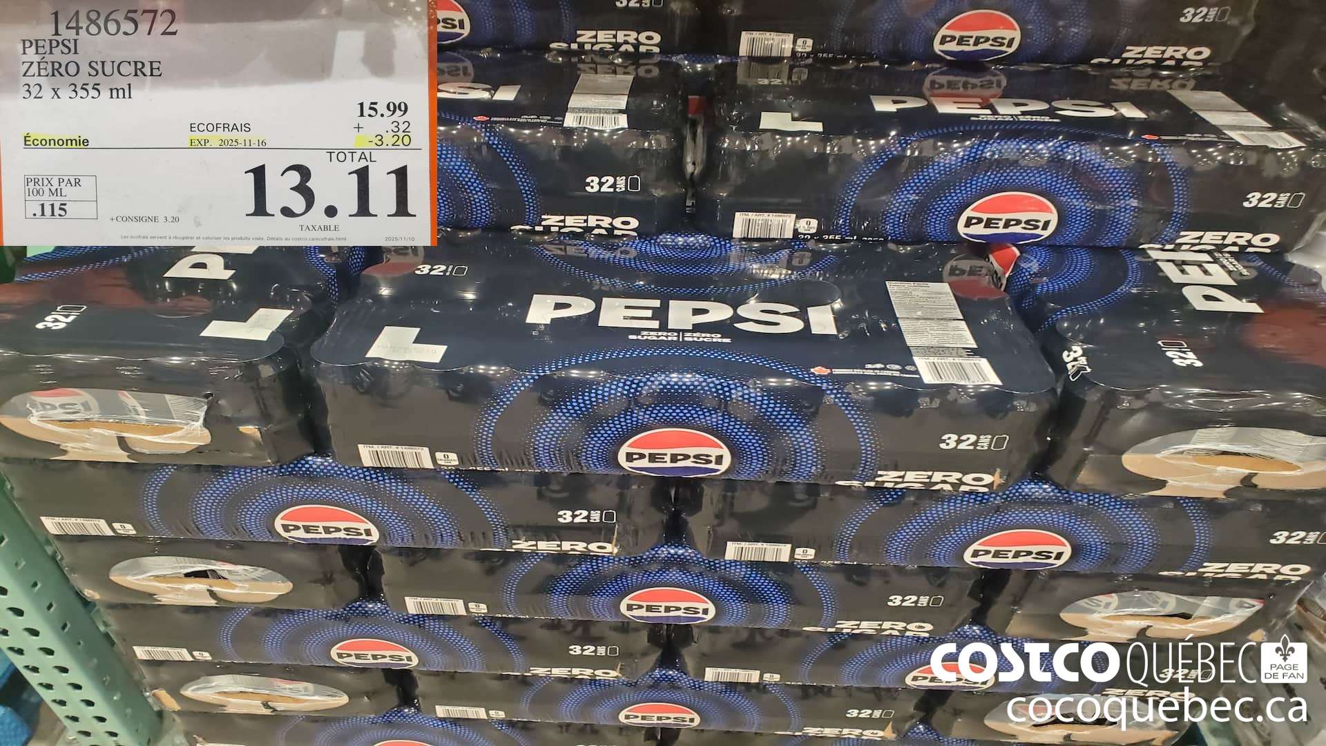 1486572 PEPSI ZERO SUCRE 32 X 355ML ($3.20 INSTANT SAVINGS EXPIRES ON 2025-11-16) $13.11