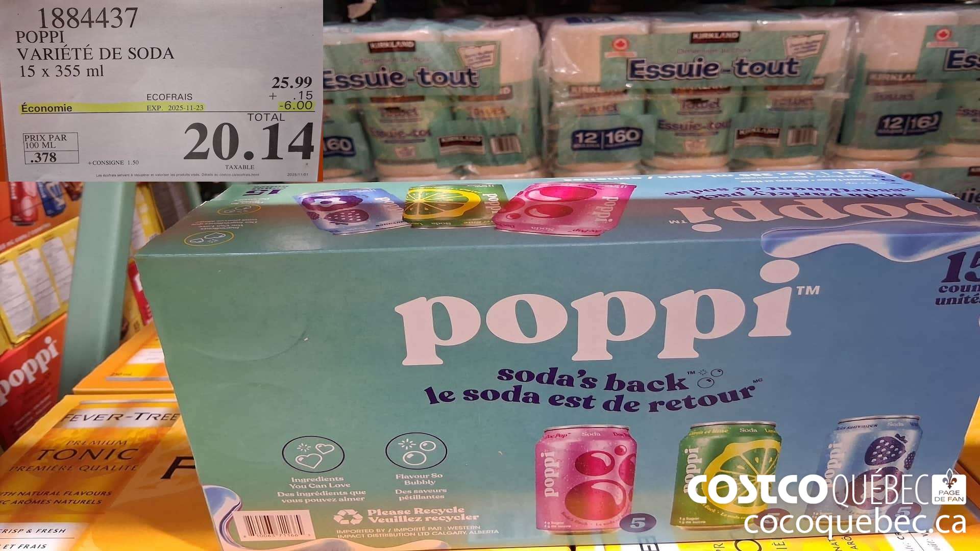 1884437 POPPI SODA DE VARIETE 15 x 355 ml  ($6.00 INSTANT SAVINGS EXPIRES ON 2025-11-23) $20.14