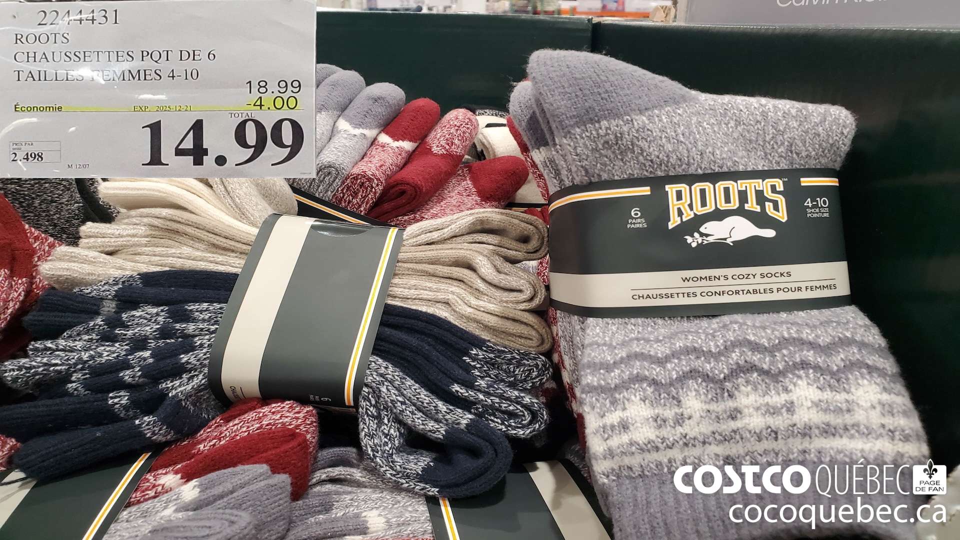 2244431 ROOTS CHAUSSETTES PQT DE 6 TAILLES FEMMES 4-10  ($4.00 INSTANT SAVINGS EXPIRES ON 2025-12-21) $14.99