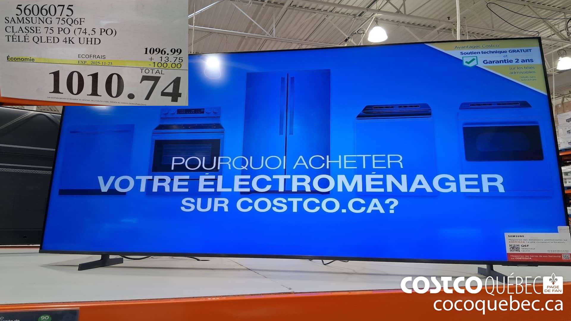 5606075 SAMSUNG 75Q6F CLASSE 75 PO (74,5 PO) TELE QLED 4K UHD ($100.00 INSTANT SAVINGS EXPIRES ON 2025-11-23) $1010.74