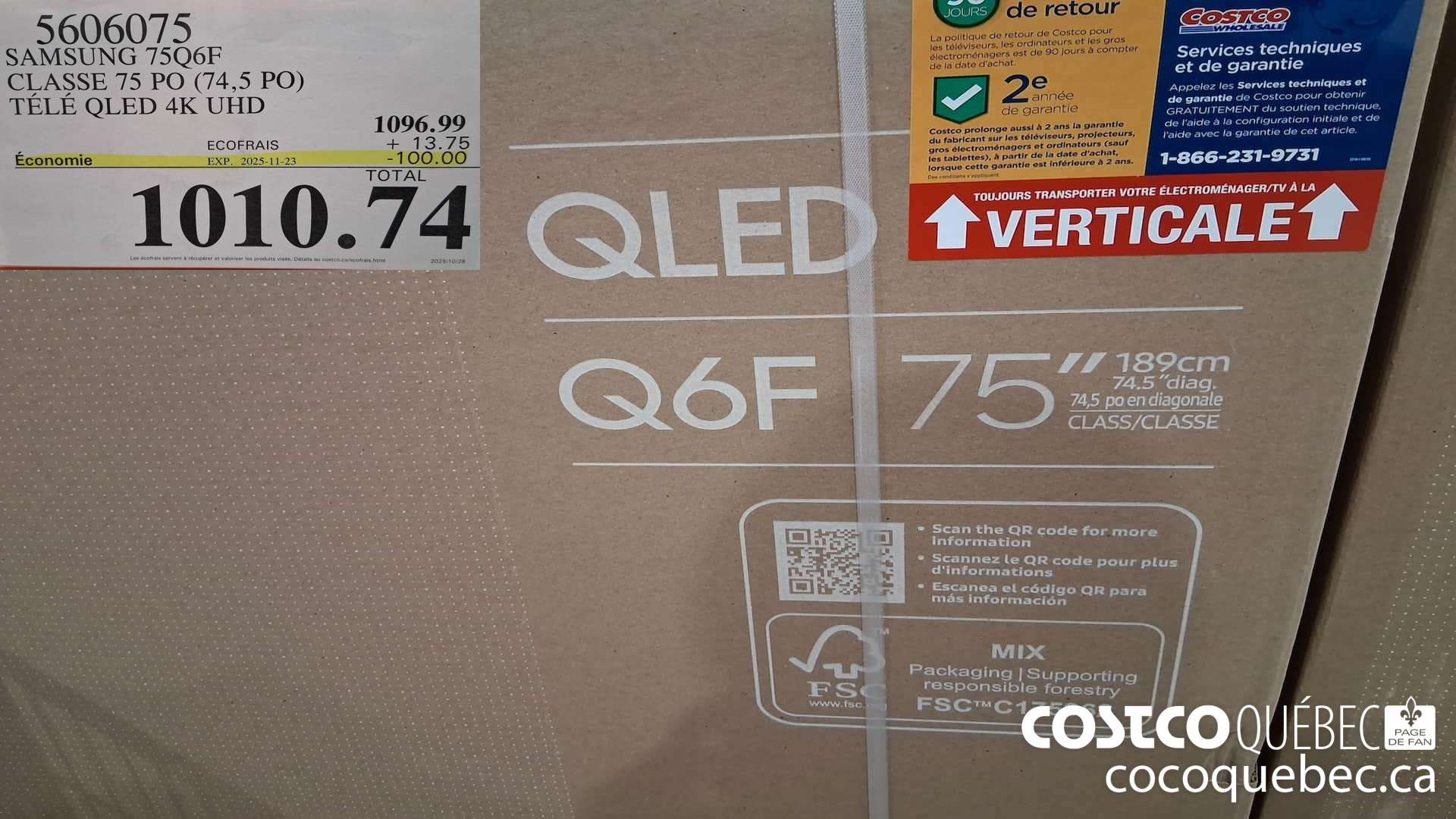 5606075 SAMSUNG 75Q6F CLASSE 75 PO (74,5 PO) TELE QLED 4K UHD ($100.00 INSTANT SAVINGS EXPIRES ON 2025-11-23) $1010.74