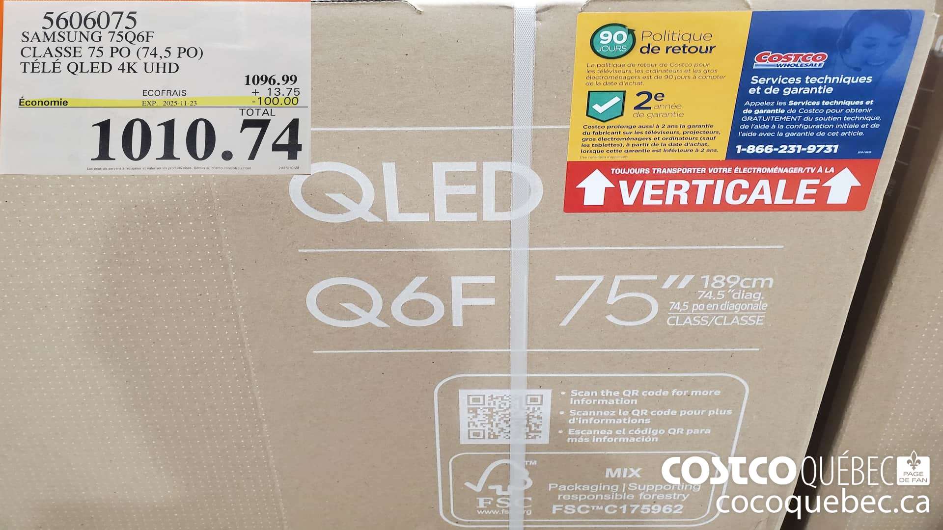 5606075 SAMSUNG 75Q6F CLASSE 75 PO (74,5 PO) TELE QLED 4K UHD ($100.00 INSTANT SAVINGS EXPIRES ON 2025-11-23) $1010.74