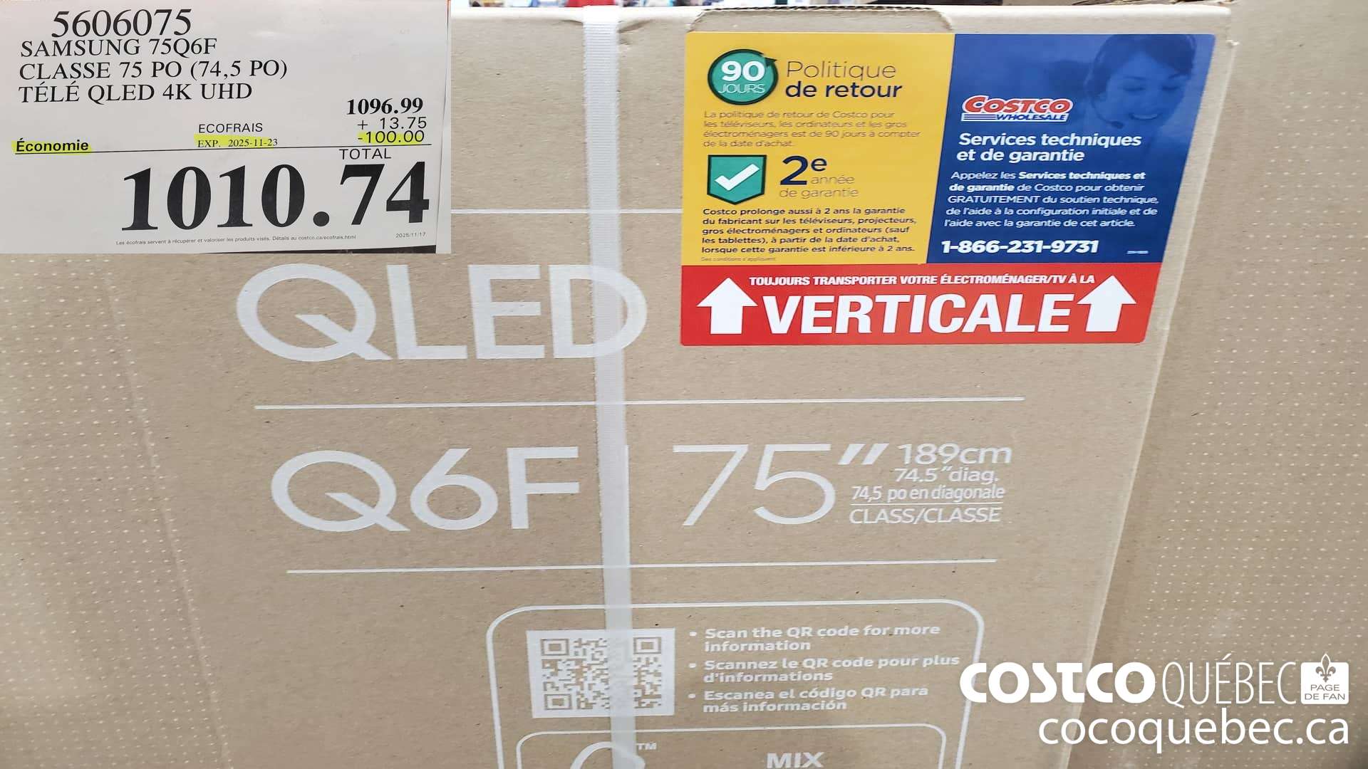 5606075 SAMSUNG 75Q6F CLASSE 75 PO (74,5 PO) TELE QLED 4K UHD ($100.00 INSTANT SAVINGS EXPIRES ON 2025-11-23) $1010.74