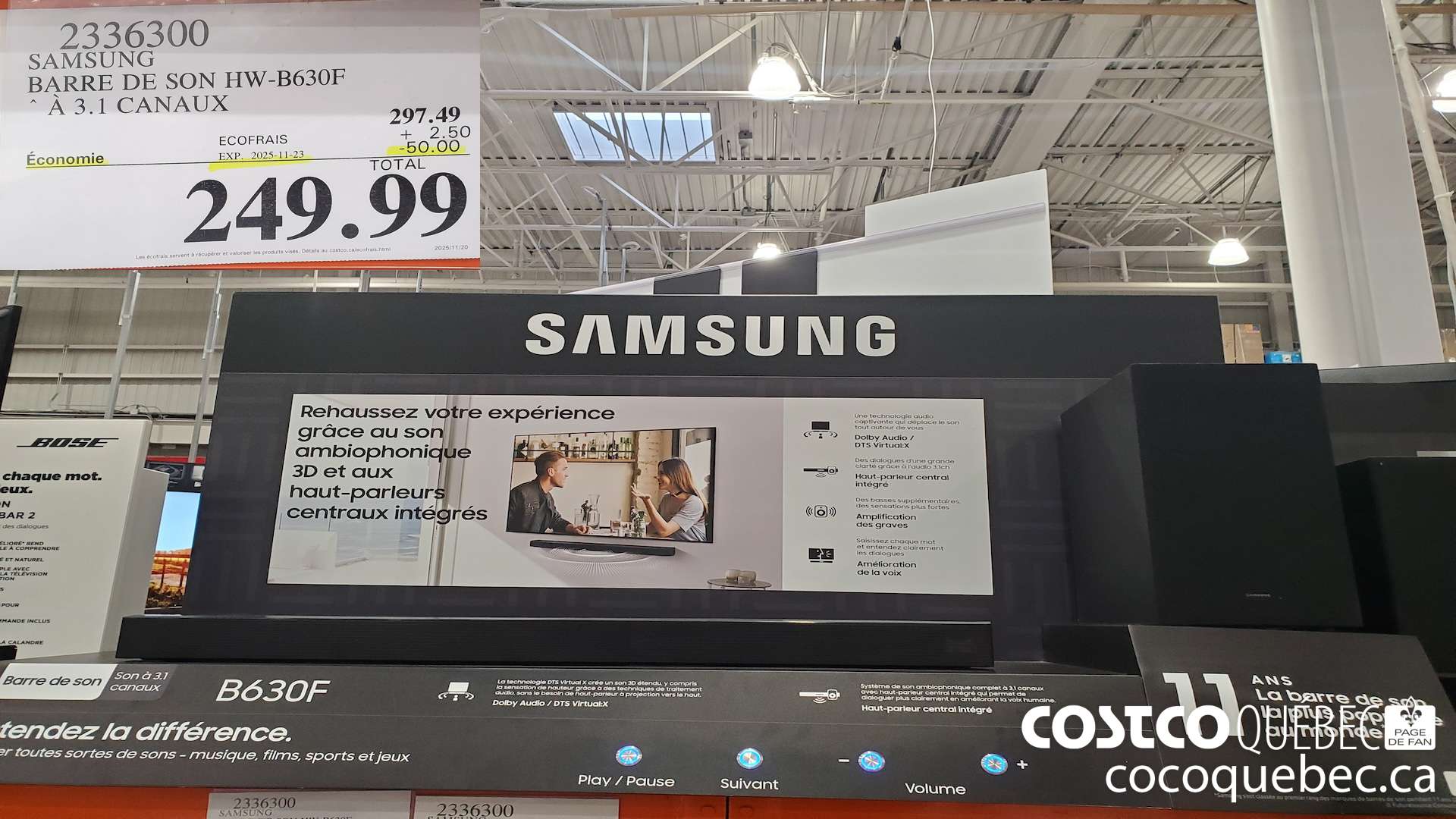 2336300 SAMSUNG BARRE DE SON HW-B630F A 3.1 CANAUX ($50.00 INSTANT SAVINGS EXPIRES ON 2025-11-23) $249.99