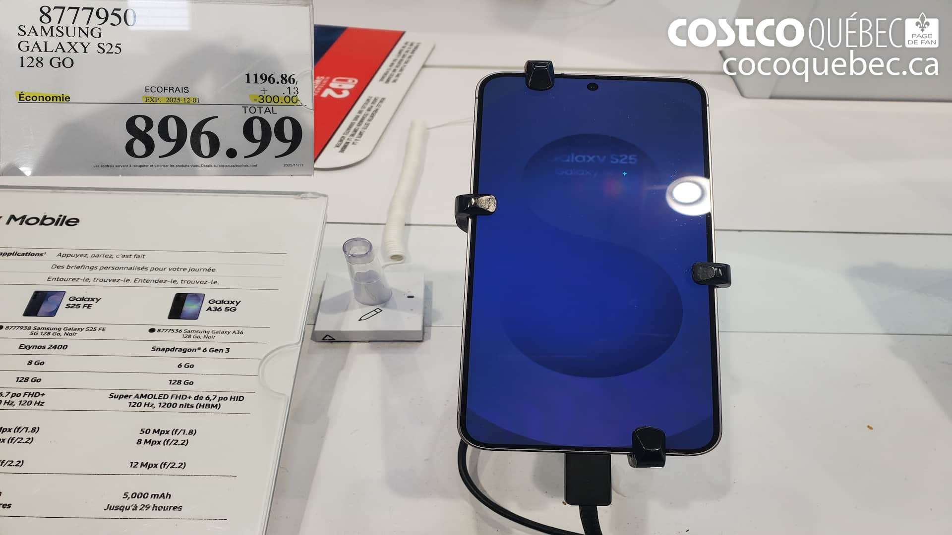 8777950 SAMSUNG GALAXY S25 128 GO ($300.00 INSTANT SAVINGS EXPIRES ON 2025-12-01) $896.99