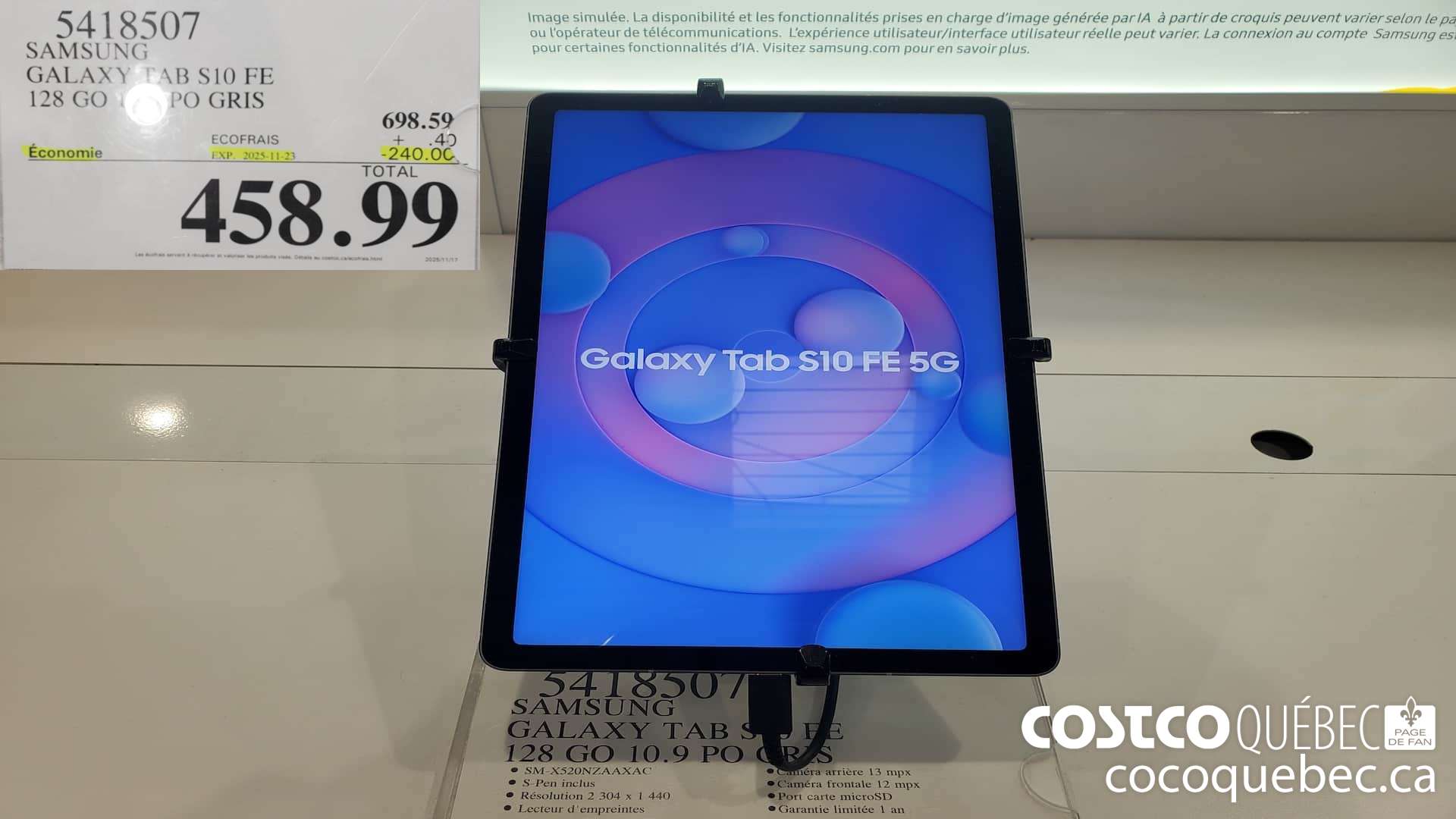 5418507 SAMSUNG GALAXY TAB S10 FE 128 GO 10.9 PO GRIS ($240.00 INSTANT SAVINGS EXPIRES ON 2025-11-23) $458.99