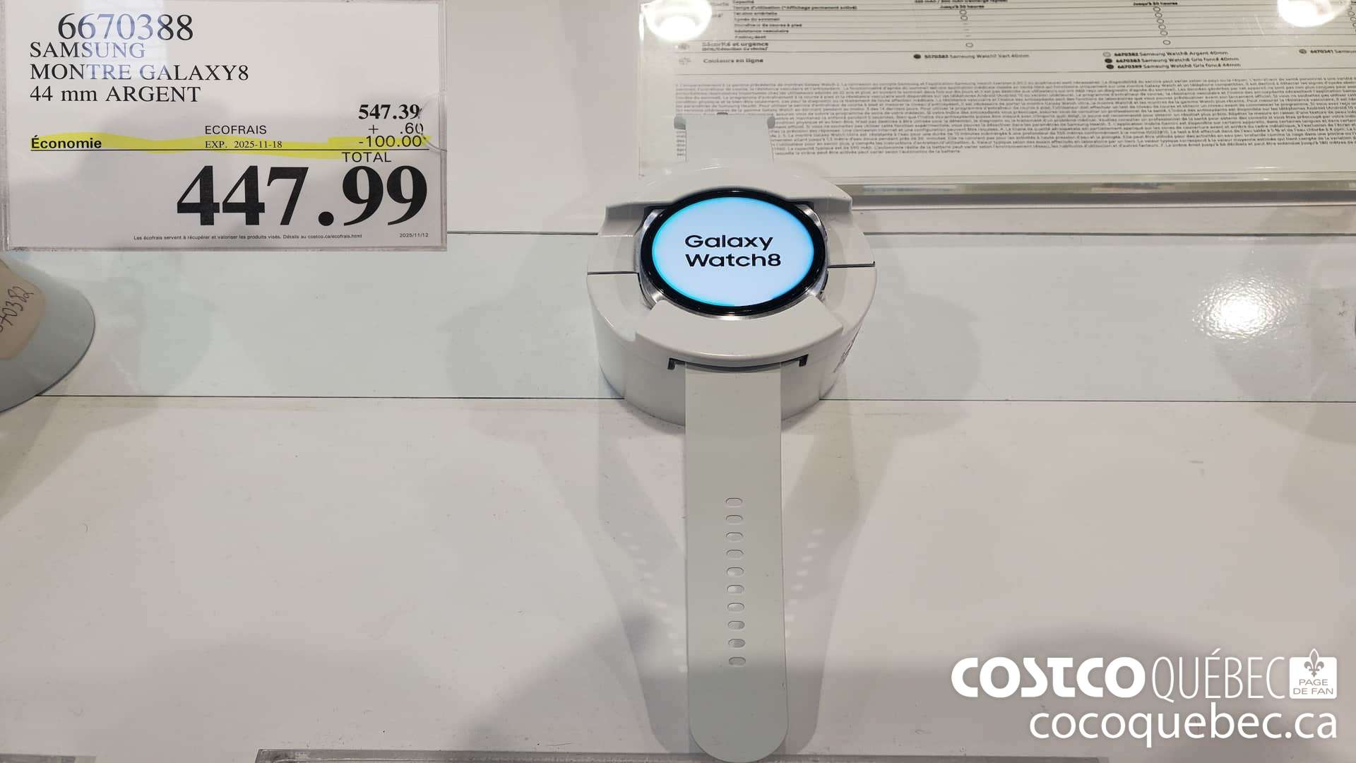 6670388 SAMSUNG MONTRE GALAXY8 44 MM ARGENT  ($100.00 INSTANT SAVINGS EXPIRES ON 2025-11-18) $447.99