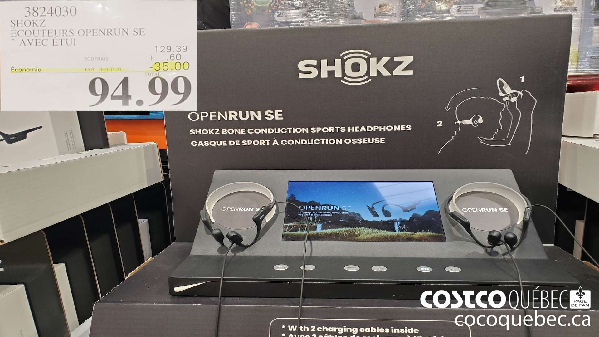 3824030 SHOKZ ECOUTEURS OPENRUN SE AVEC ETUI DE TRANSPORT  ($35.00 INSTANT SAVINGS EXPIRES ON 2025-11-23) $94.99