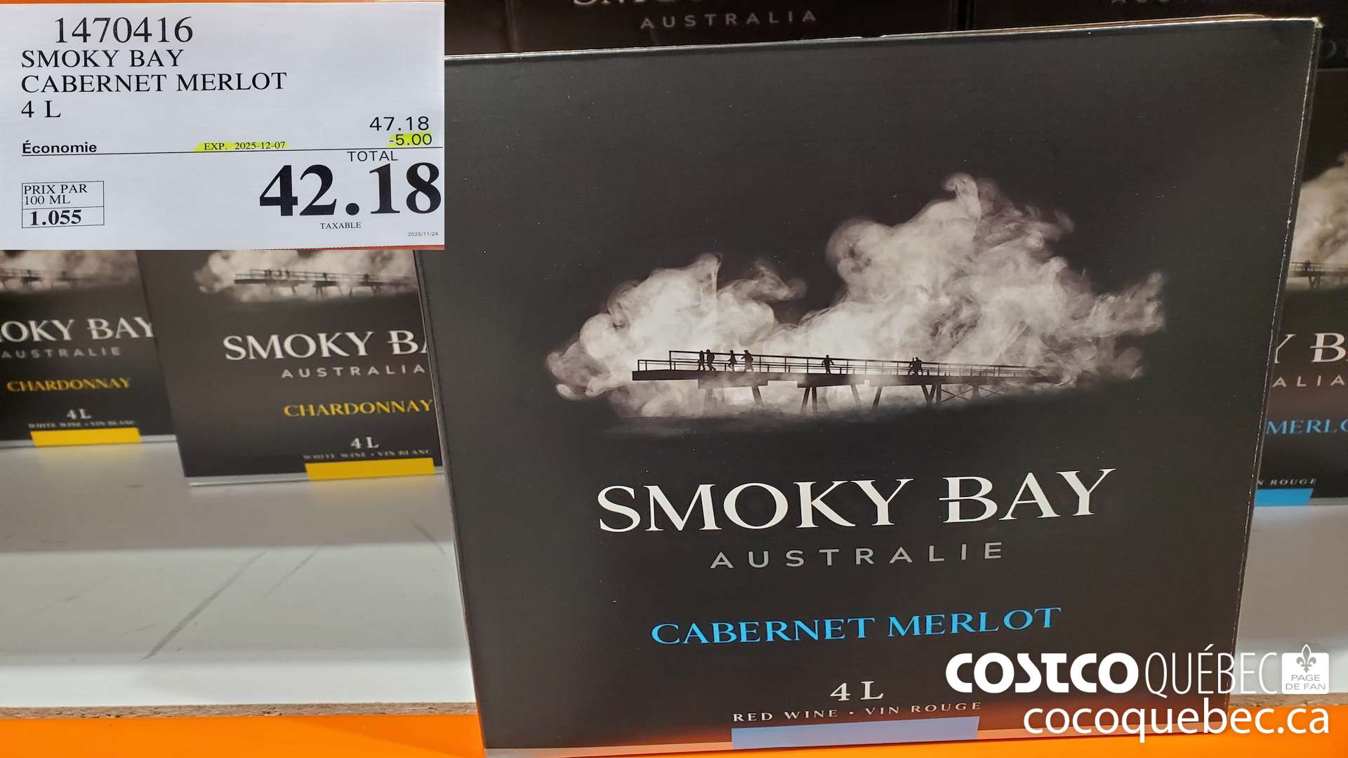 1470416 SMOKY BAY CABERNET MERLOT 4L  $0.29OFF $5.00OFF (EXPIRES ON 2025-12-07) $42.18