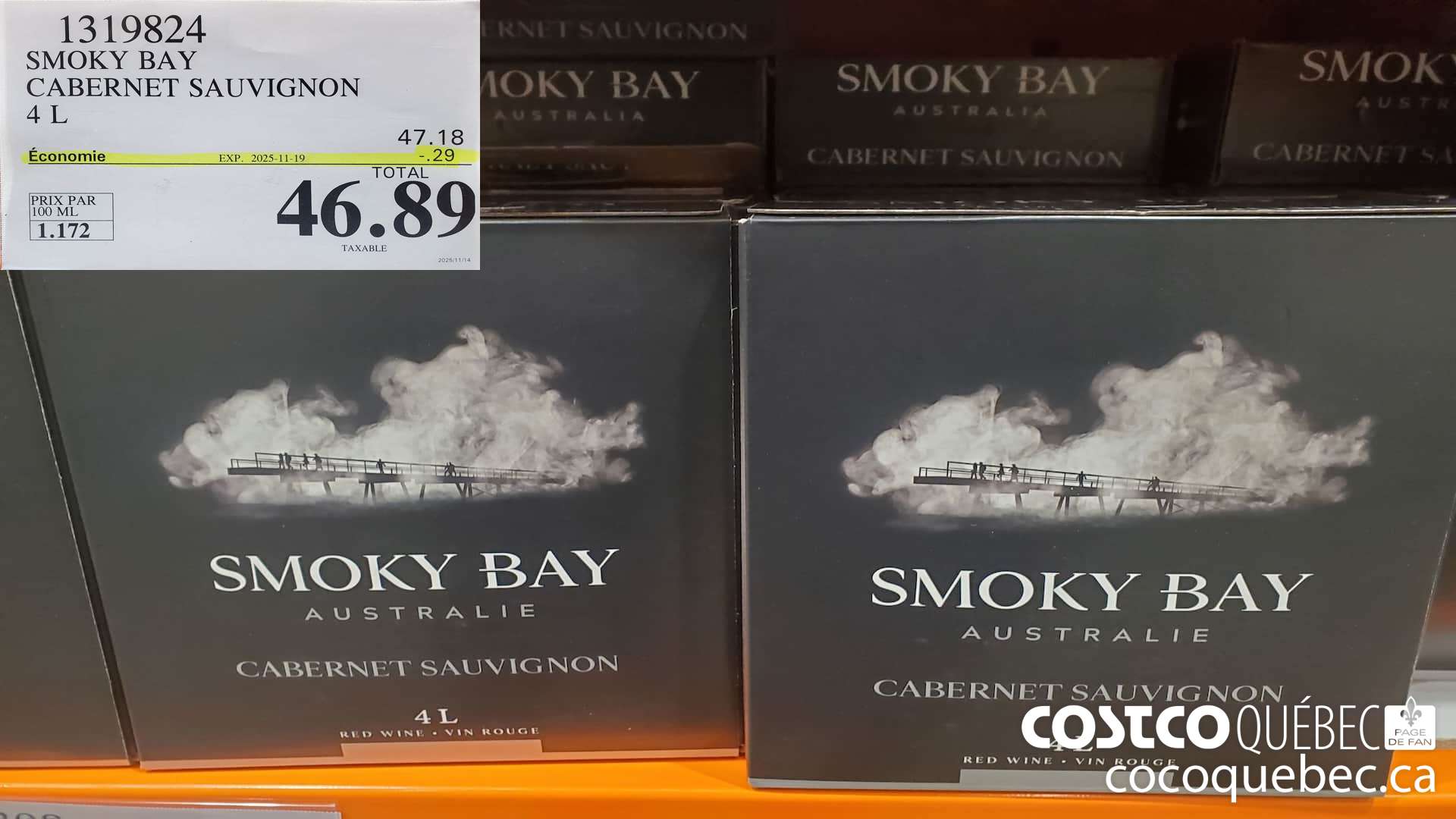 1319824 SMOKY BAY CABERNET SAUVIGNON 4L ($0.29 INSTANT SAVINGS EXPIRES ON 2025-11-19) $46.89
