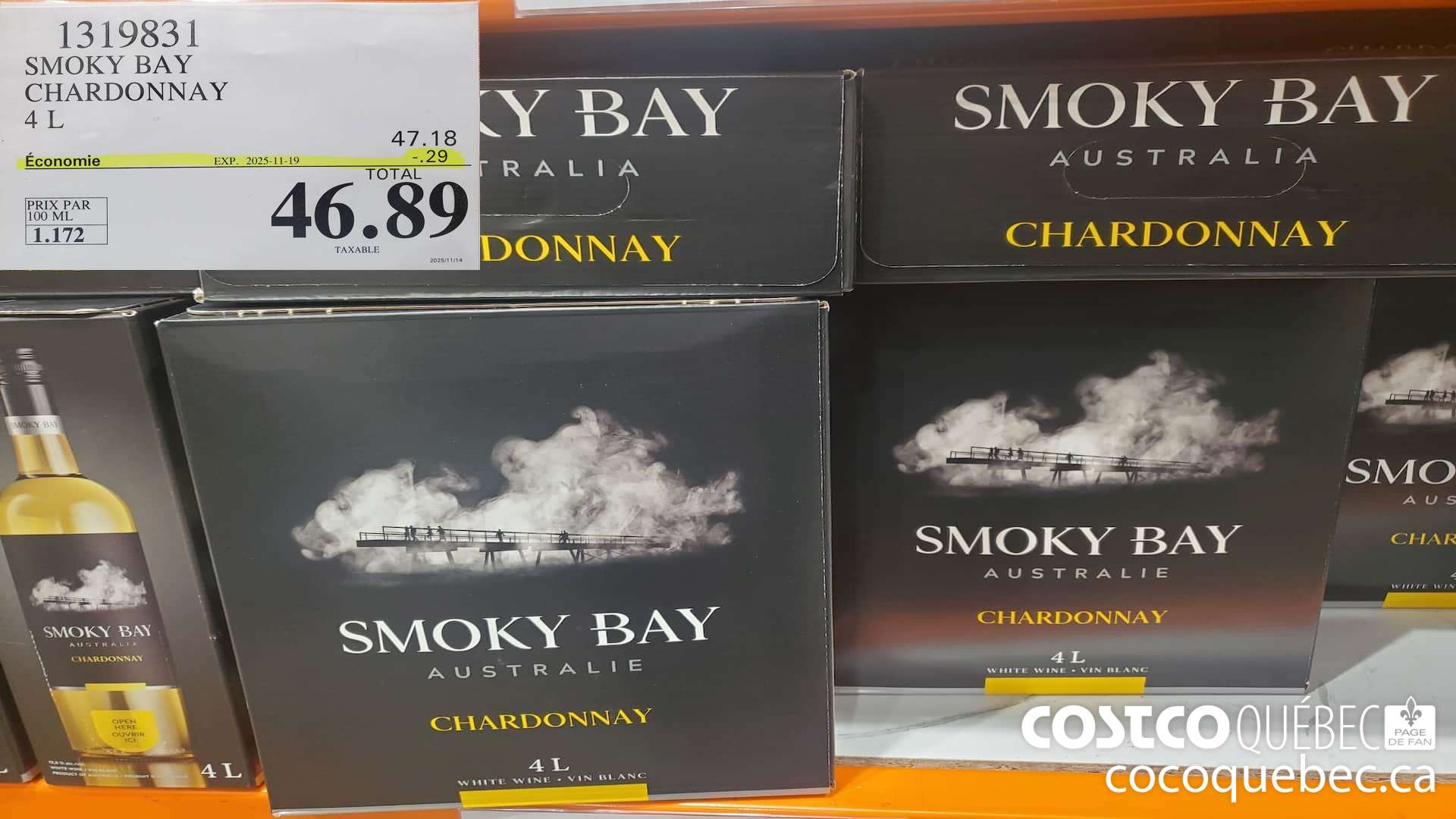 1319831 SMOKY BAY CHARDONNAY BLANC 4L  ($0.29 INSTANT SAVINGS EXPIRES ON 2025-11-19) $46.89