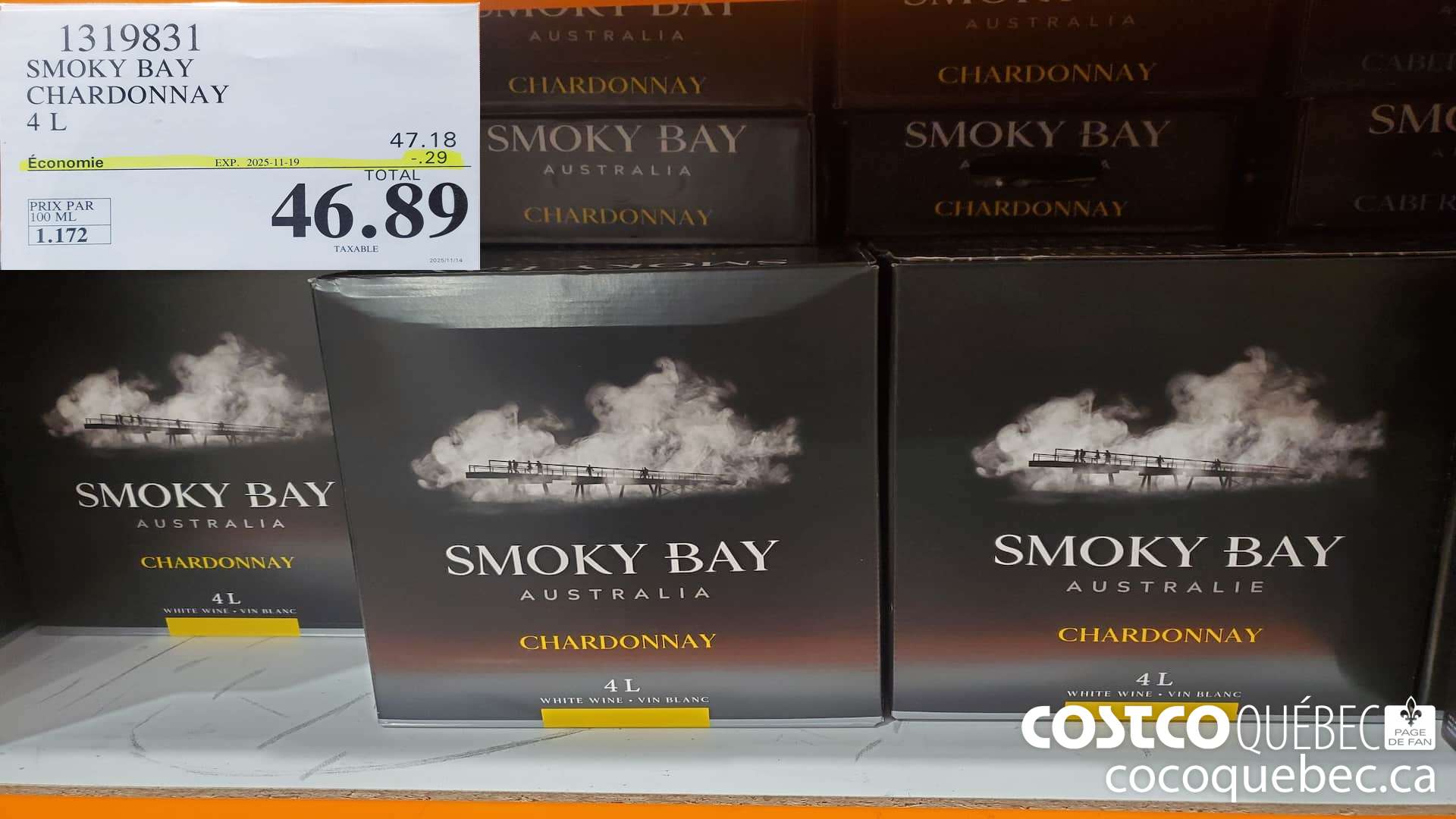 1319831 SMOKY BAY CHARDONNAY BLANC 4L  ($0.29 INSTANT SAVINGS EXPIRES ON 2025-11-19) $46.89