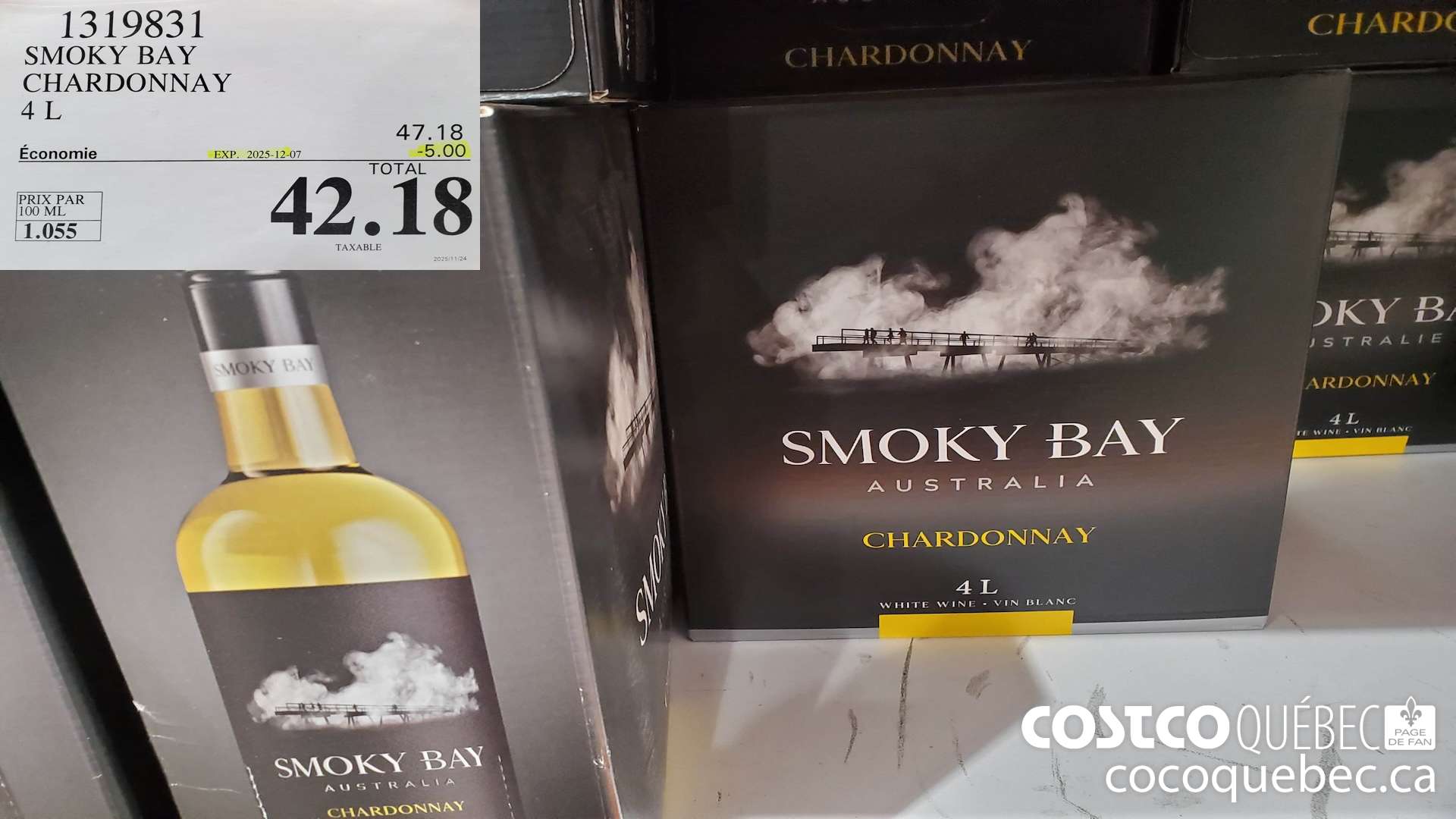 1319831 SMOKY BAY CHARDONNAY BLANC 4L  ($5.00 INSTANT SAVINGS EXPIRES ON 2025-12-07) $42.18